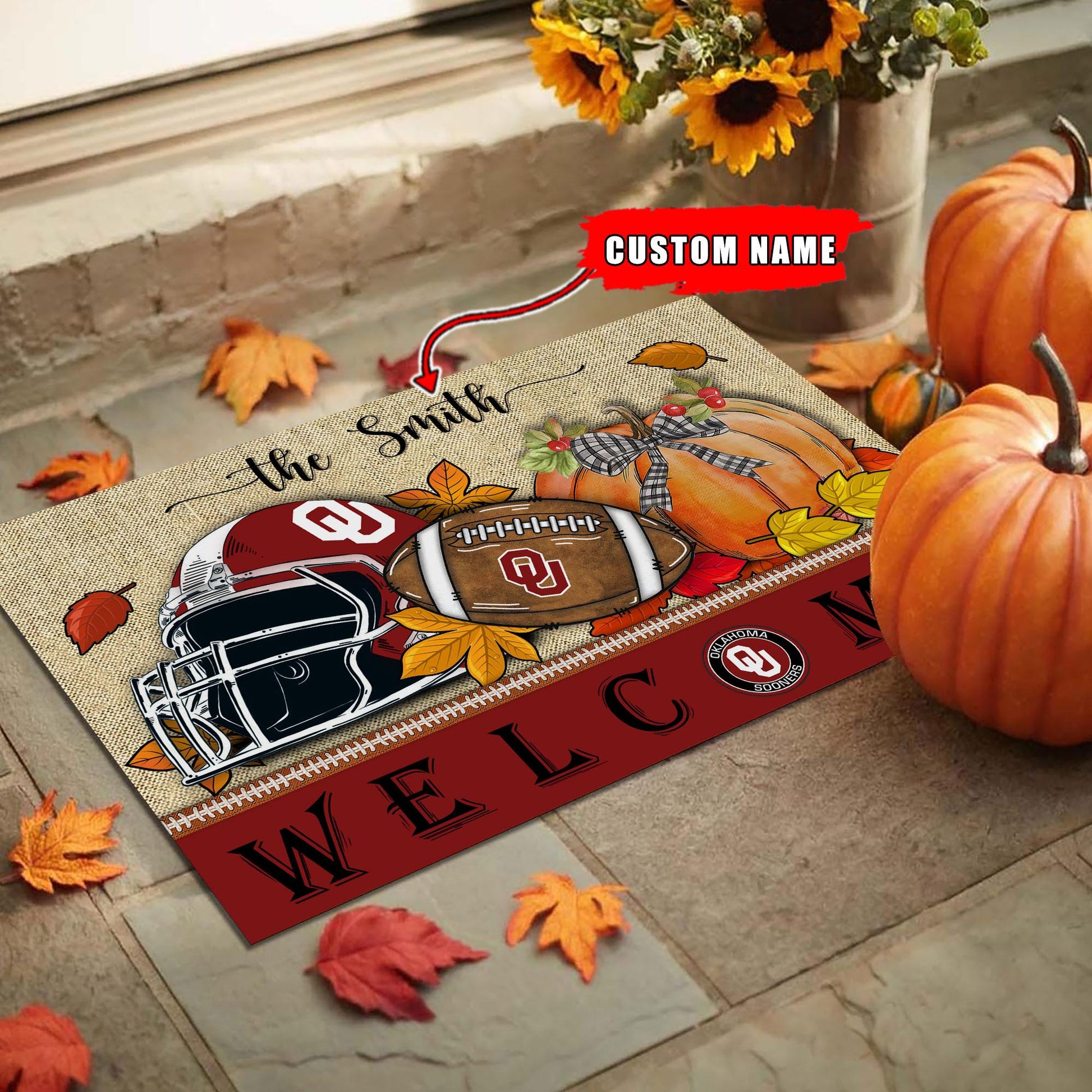 NCAA10-Oklahoma Sooners Welcome Fall Football Doormat - Custom name