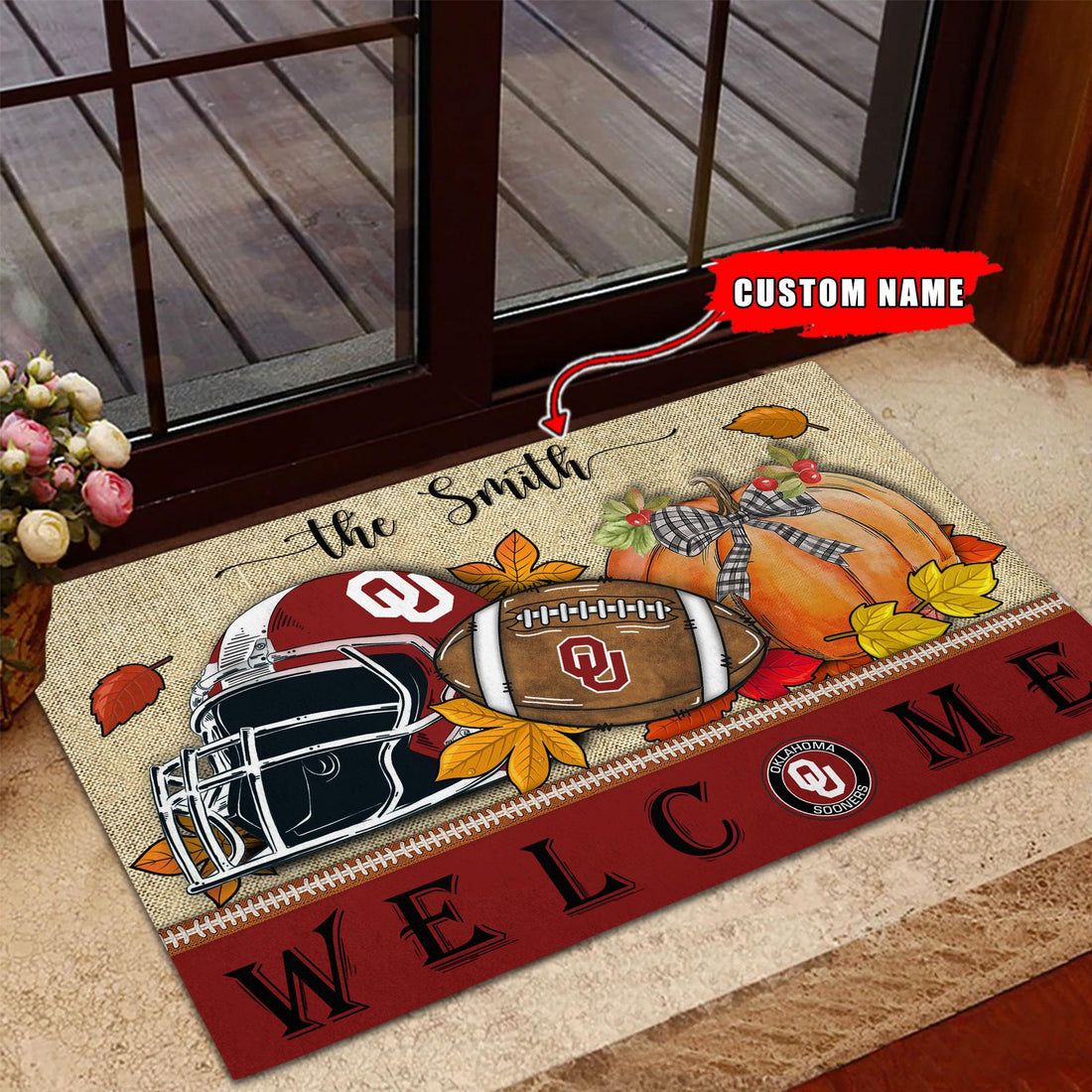 NCAA10-Oklahoma Sooners Welcome Fall Football Doormat - Custom name