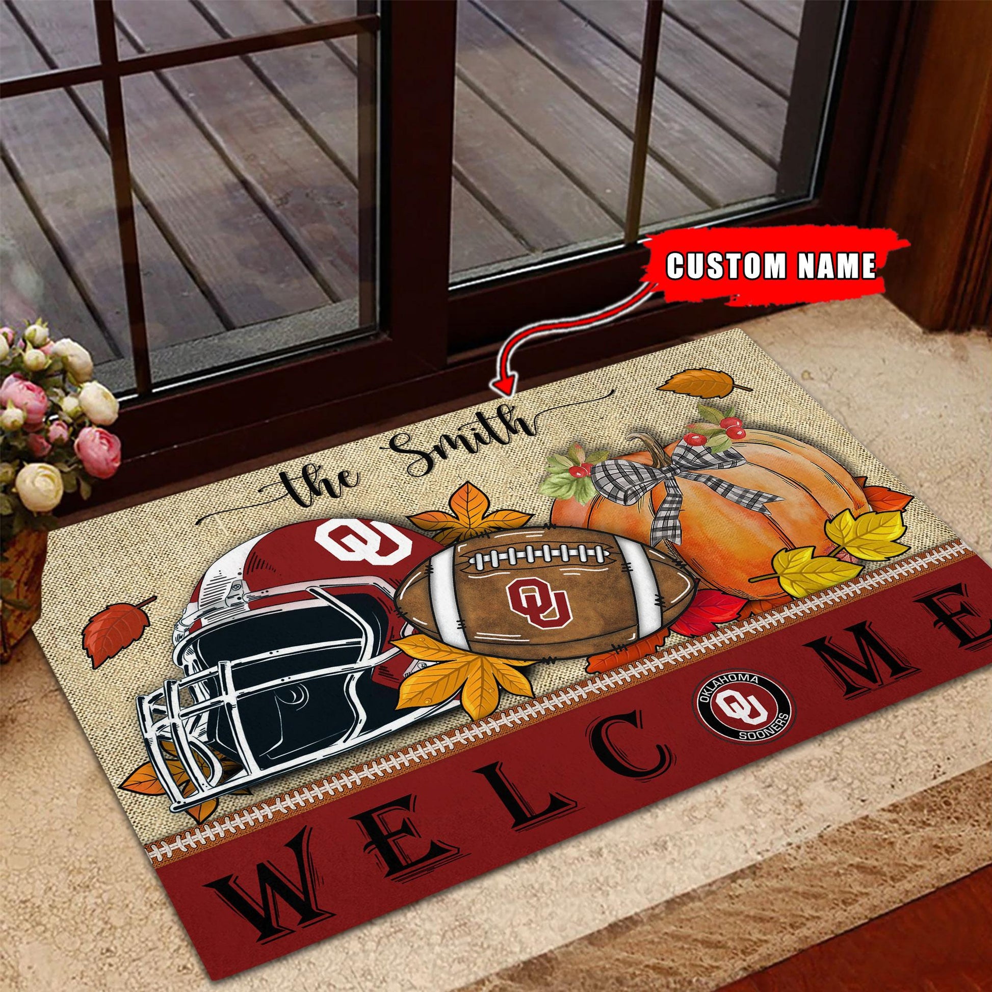 NCAA10-Oklahoma Sooners Welcome Fall Football Doormat - Custom name