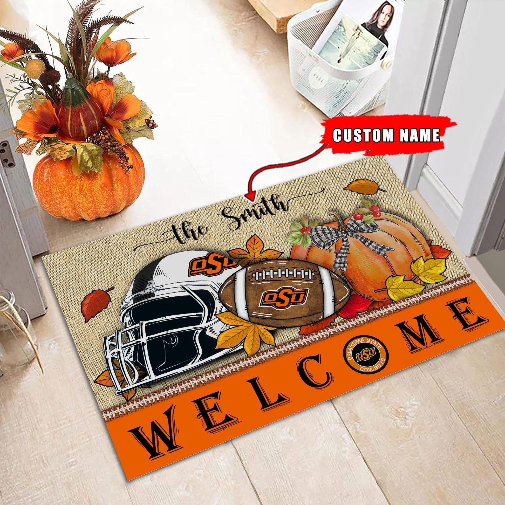 NCAA17-Oklahoma State Cowboys Welcome Fall Football Doormat - Custom name