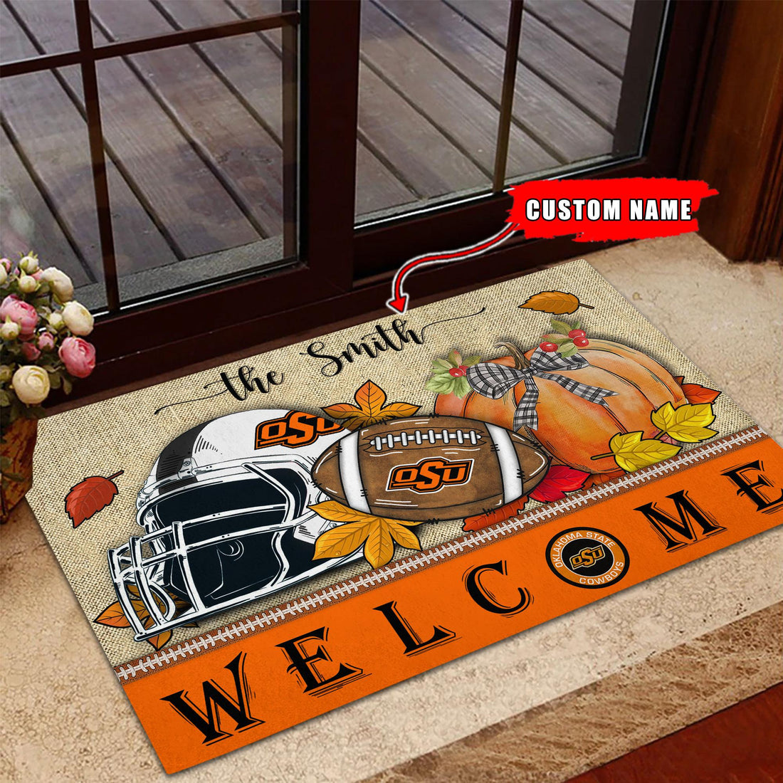 NCAA17-Oklahoma State Cowboys Welcome Fall Football Doormat - Custom name