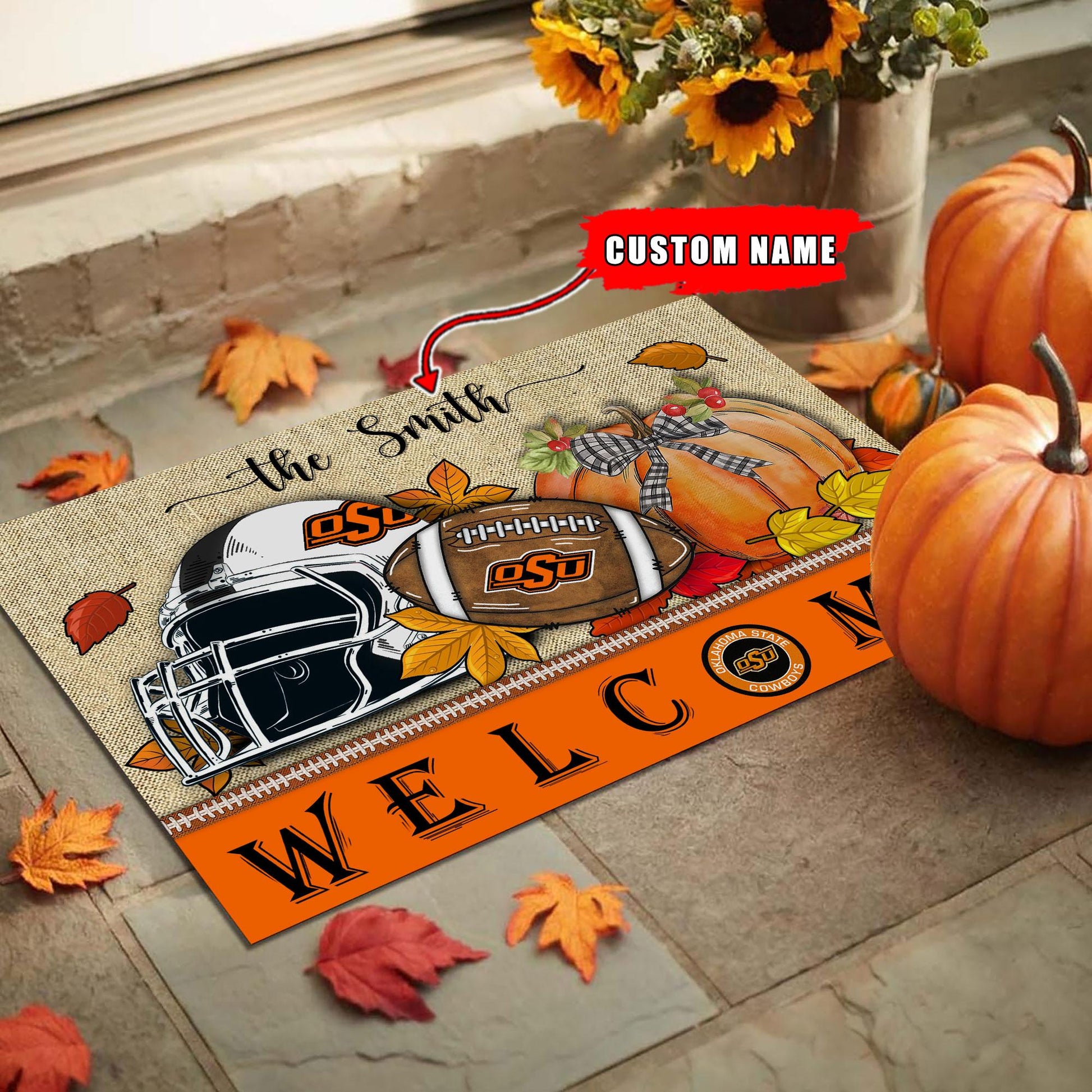 NCAA17-Oklahoma State Cowboys Welcome Fall Football Doormat - Custom name