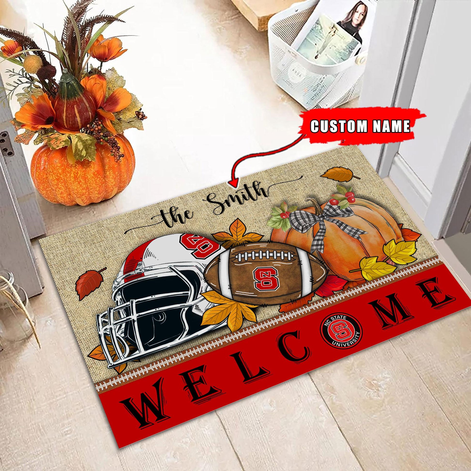 NCAA18-NC State Wolfpack Welcome Fall Football Doormat - Custom name
