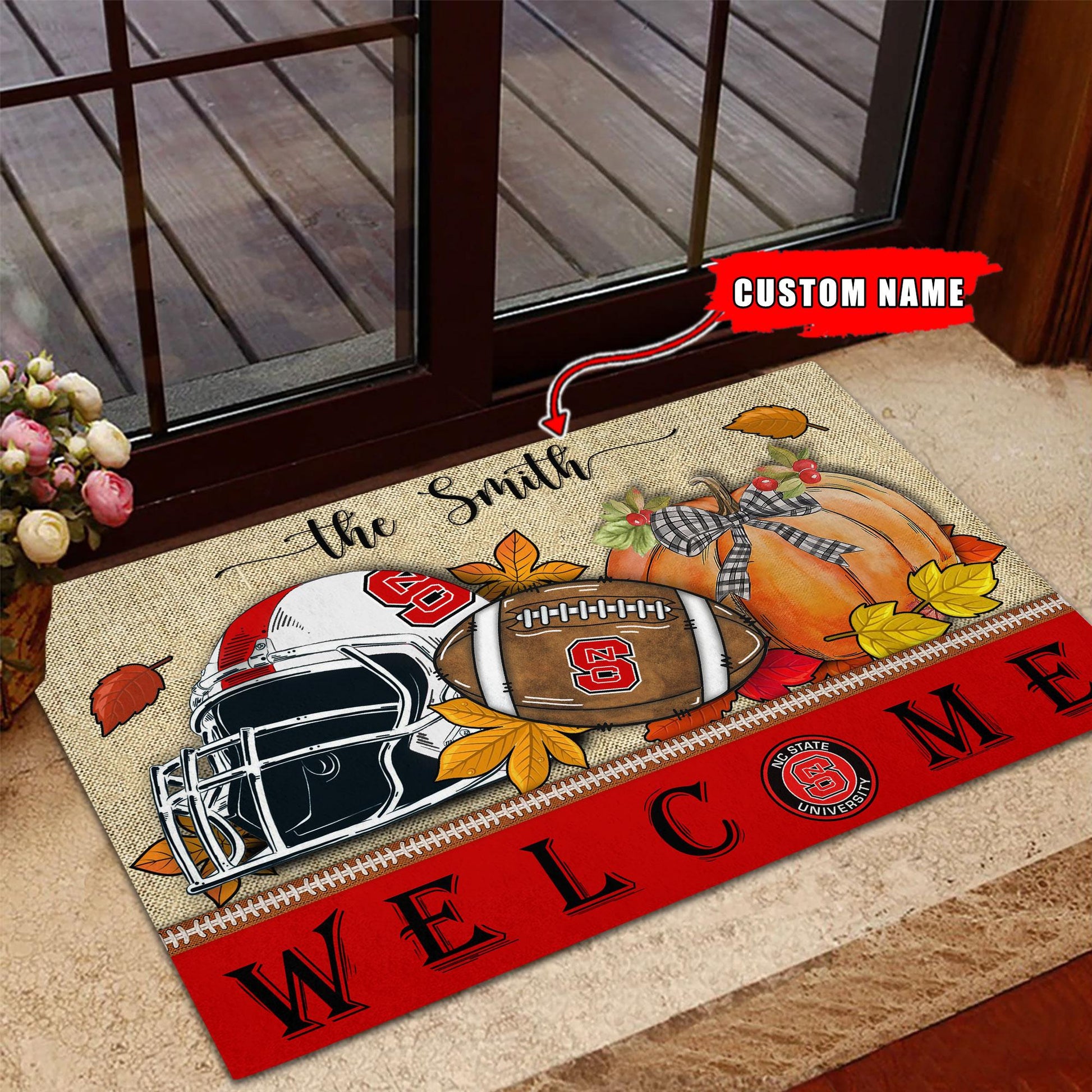 NCAA18-NC State Wolfpack Welcome Fall Football Doormat - Custom name