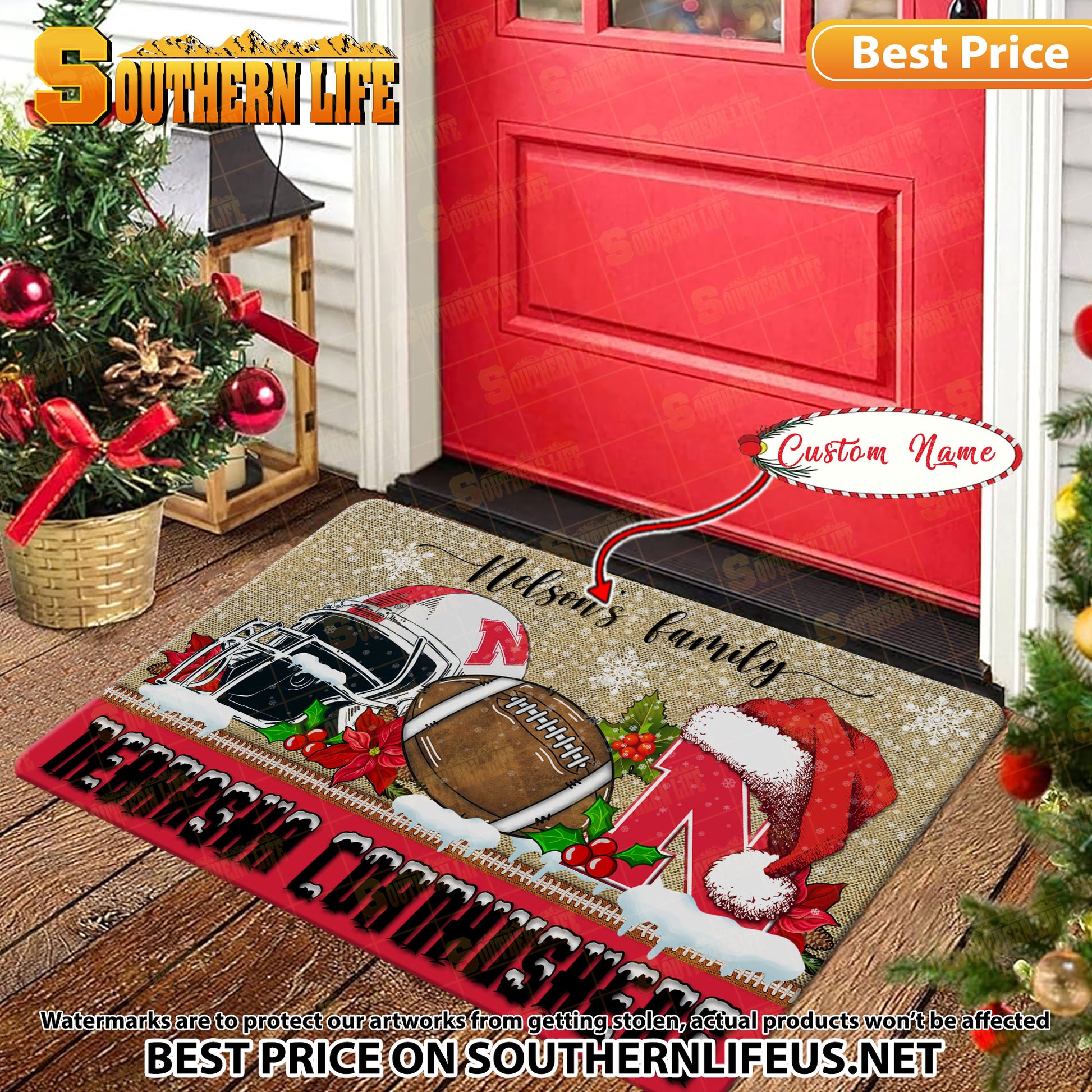 NCAA19-Nebraska Cornhuskers Football X-Mas Doormat – Custom name