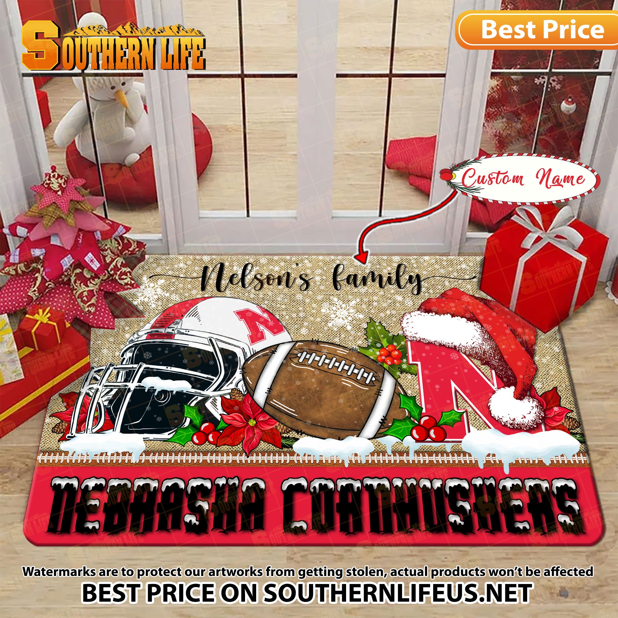 NCAA19-Nebraska Cornhuskers Football X-Mas Doormat – Custom name