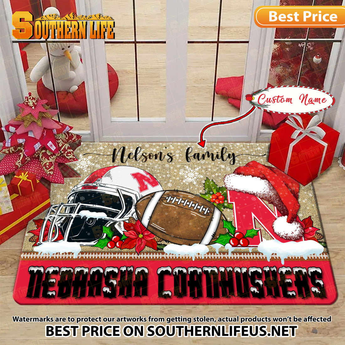 NCAA19-Nebraska Cornhuskers Football X-Mas Doormat – Custom name