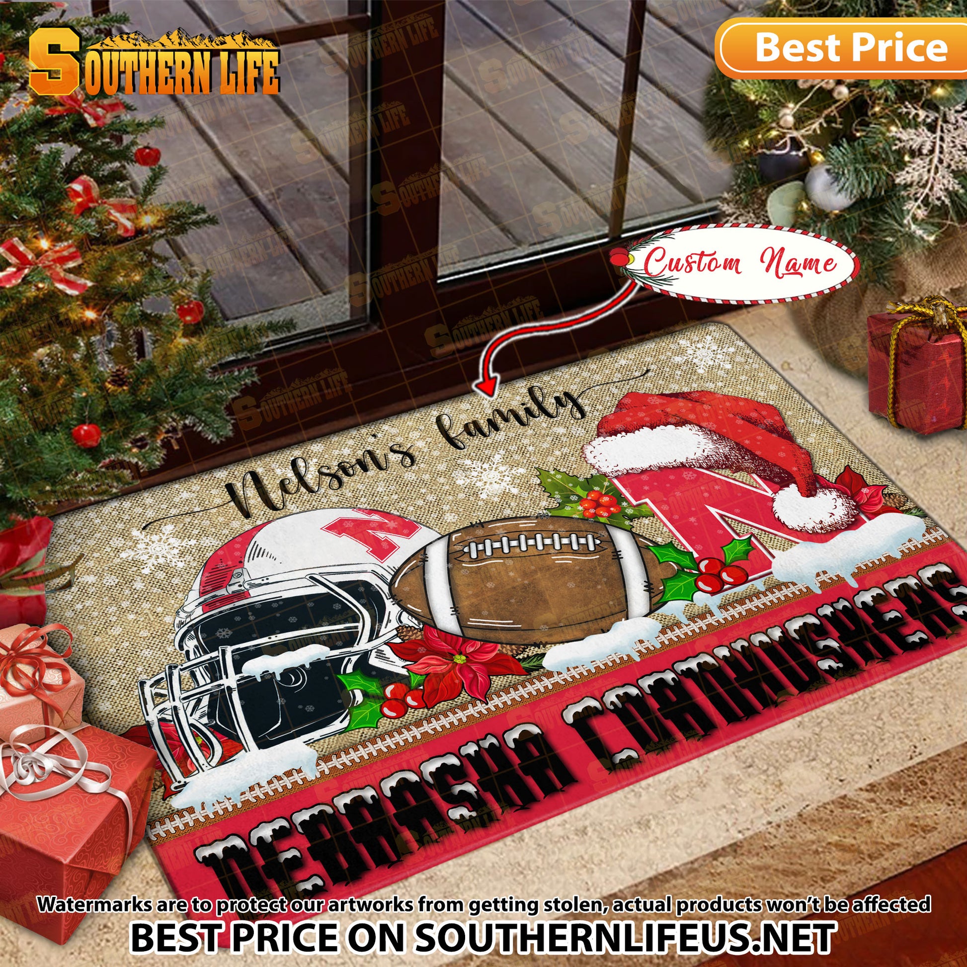 NCAA19-Nebraska Cornhuskers Football X-Mas Doormat – Custom name