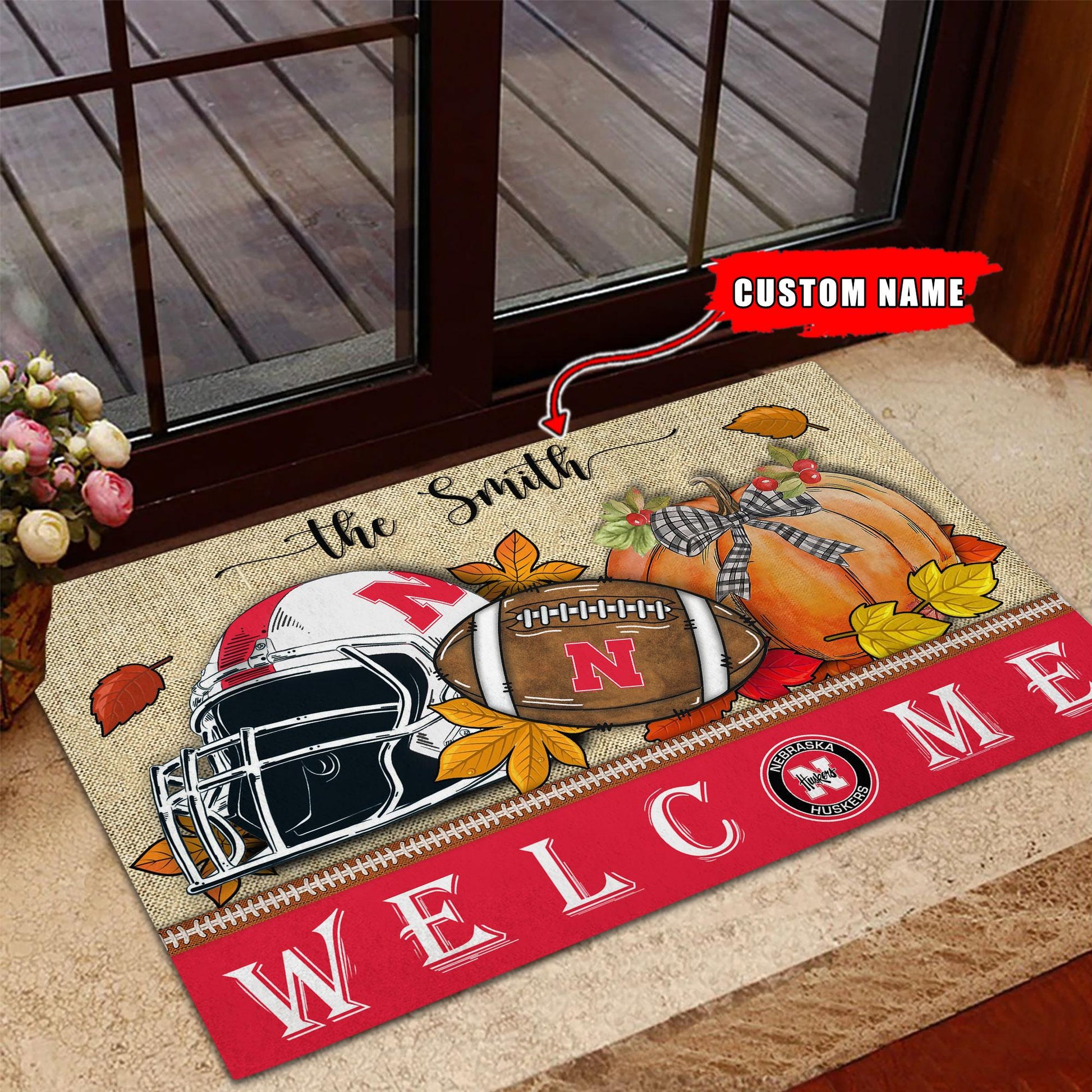NCAA19-Nebraska Cornhuskers Welcome Fall Football Doormat - Custom name