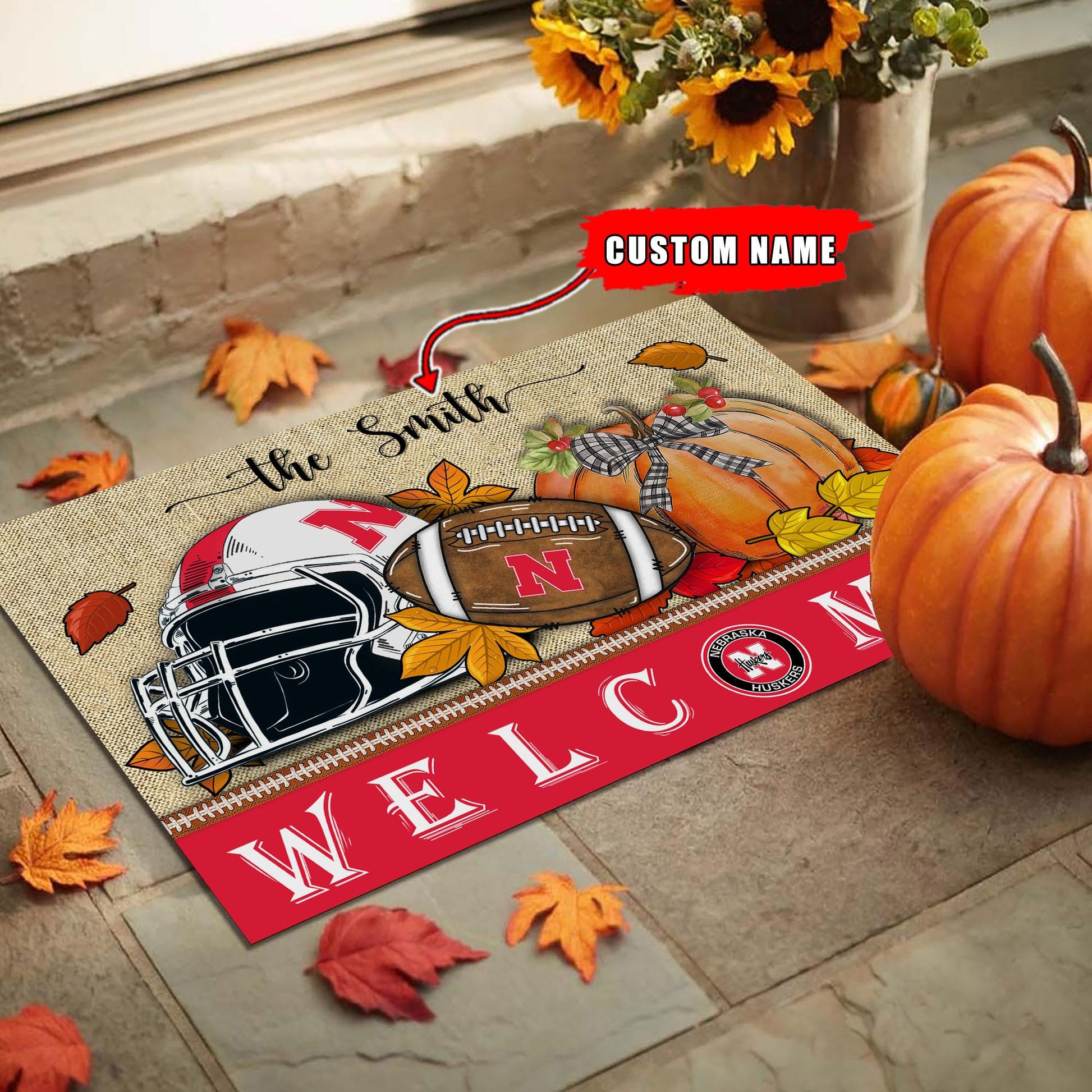 NCAA19-Nebraska Cornhuskers Welcome Fall Football Doormat - Custom name
