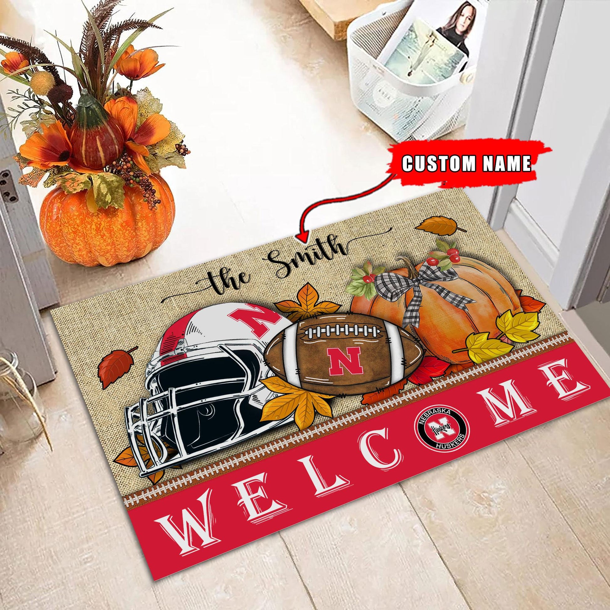 NCAA19-Nebraska Cornhuskers Welcome Fall Football Doormat - Custom name