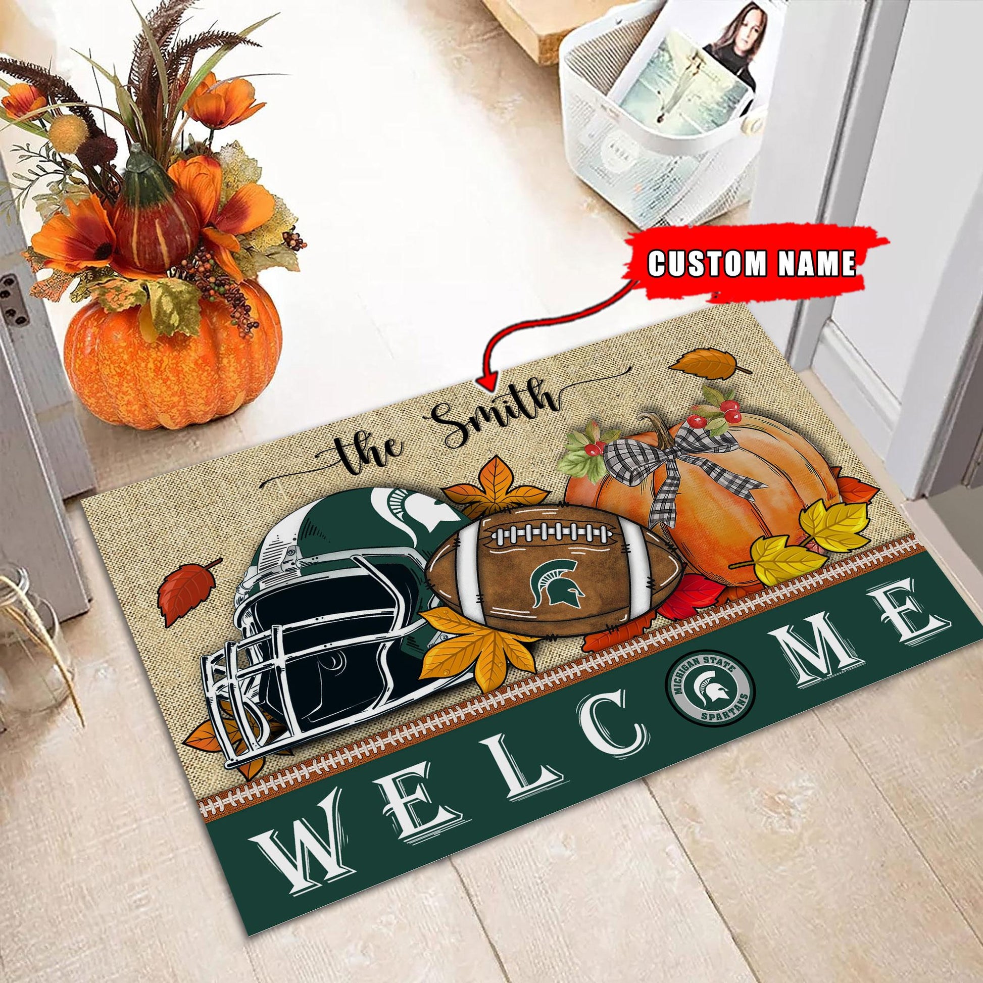 NCAA20-Michigan State Spartans Welcome Fall Football Doormat - Custom name