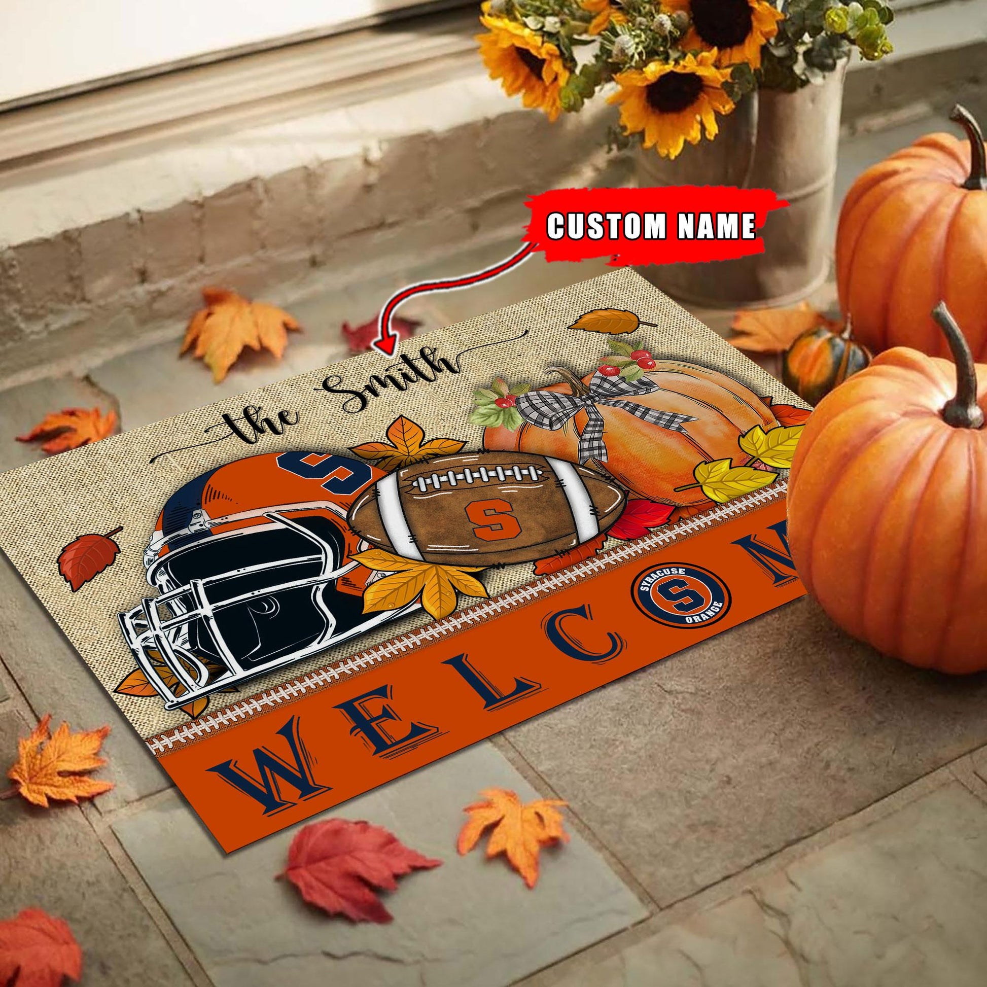 NCAA21-Syracuse Orange Welcome Fall Football Doormat - Custom name