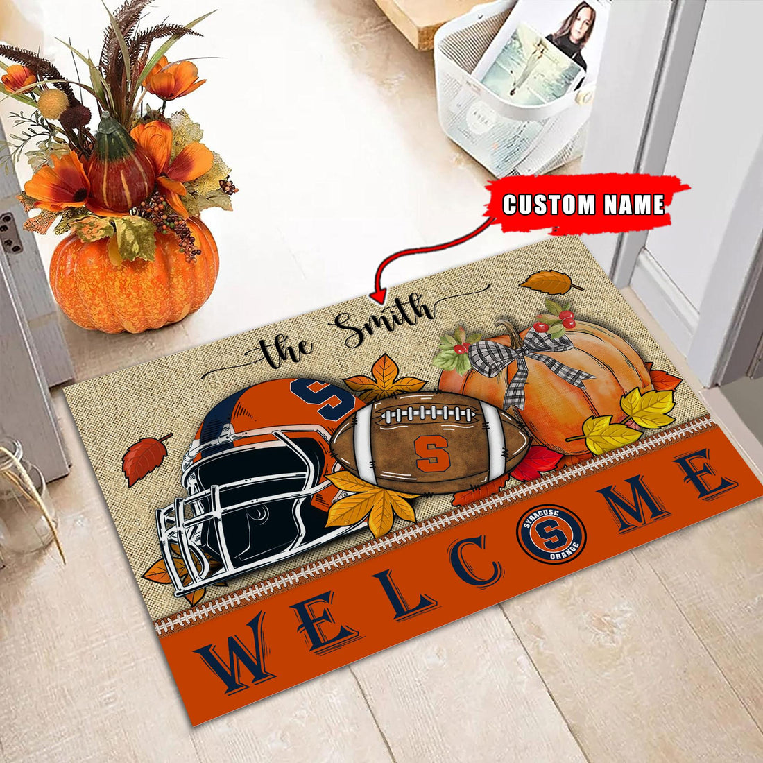NCAA21-Syracuse Orange Welcome Fall Football Doormat - Custom name