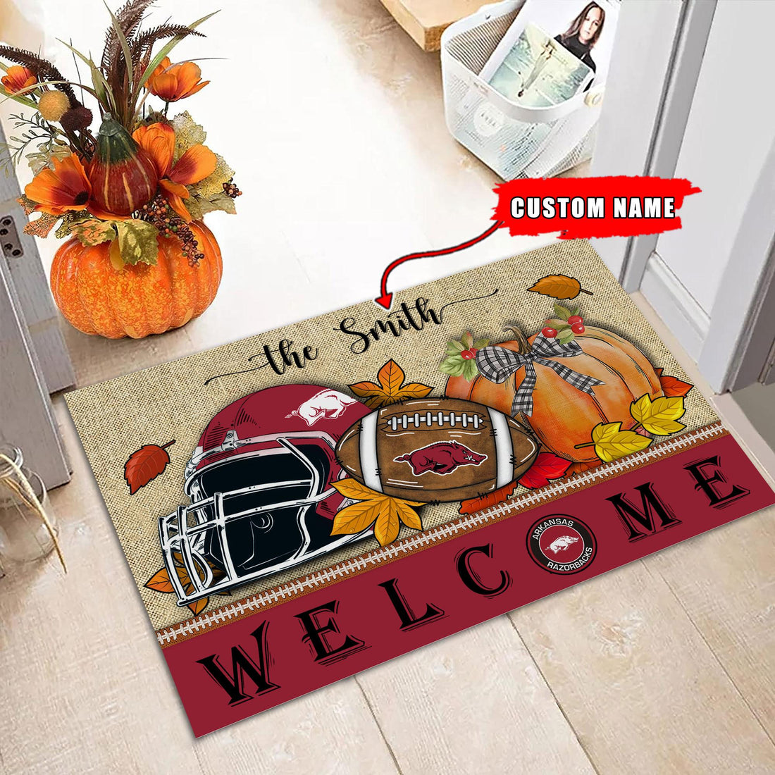 NCAA22-Arkansas Razorbacks Welcome Fall Football Doormat - Custom name