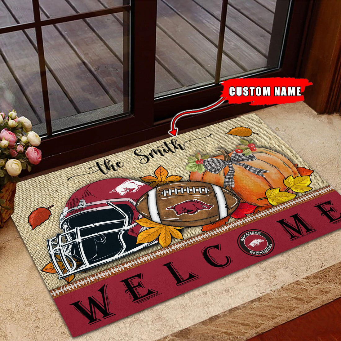 NCAA22-Arkansas Razorbacks Welcome Fall Football Doormat - Custom name