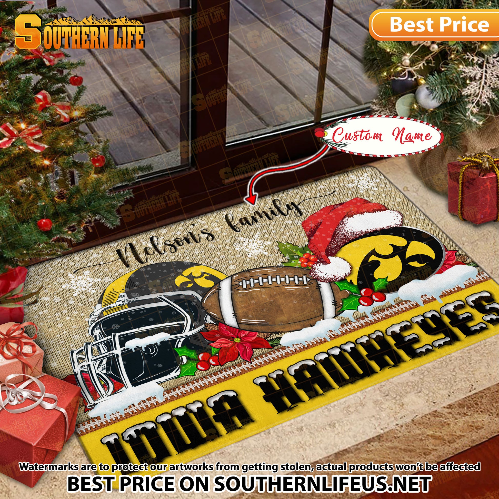 NCAA24-Iowa Hawkeyes Football X-Mas Doormat – Custom name