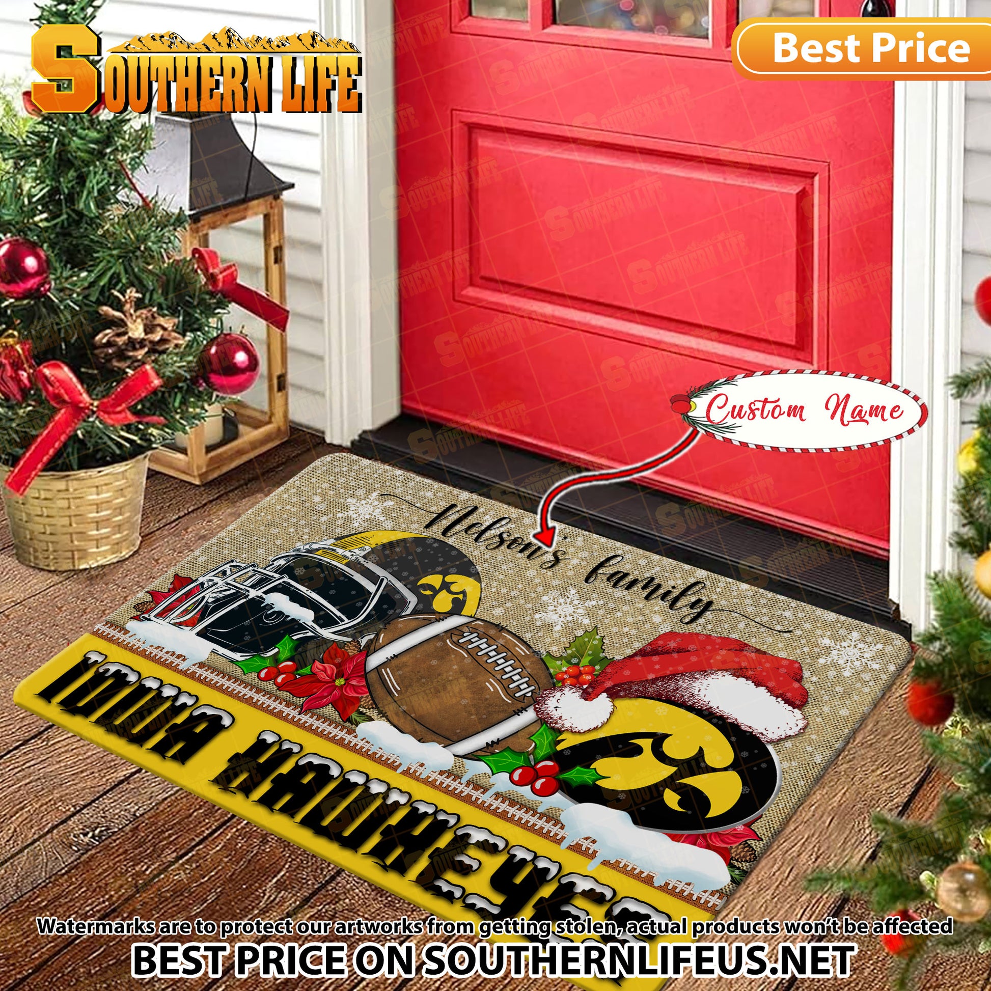 NCAA24-Iowa Hawkeyes Football X-Mas Doormat – Custom name