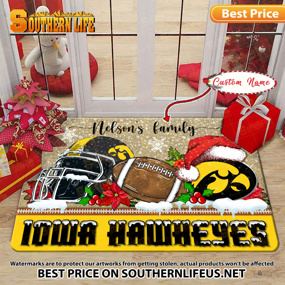 NCAA24-Iowa Hawkeyes Football X-Mas Doormat – Custom name
