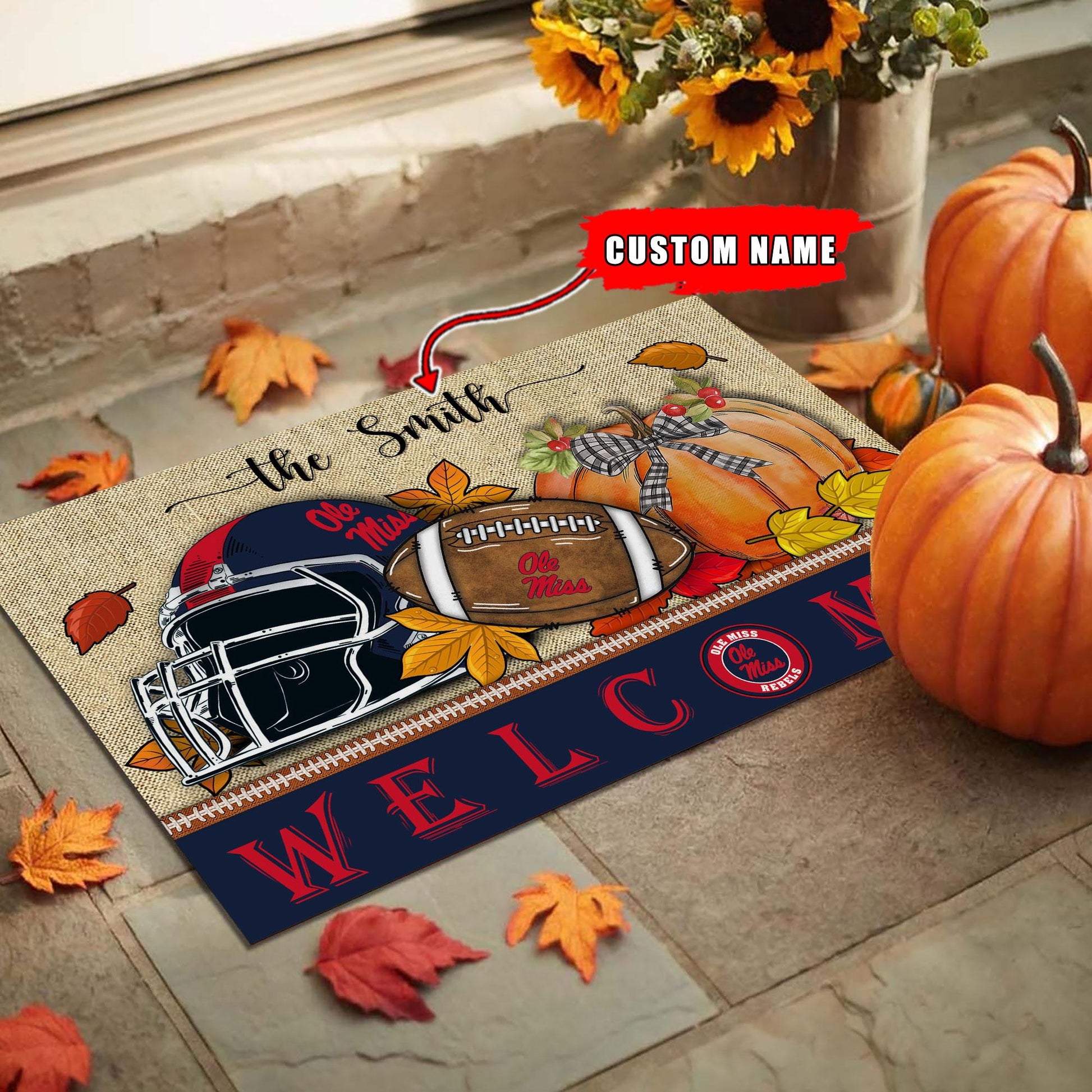 NCAA25-Ole Miss Rebels Welcome Fall Football Doormat - Custom name