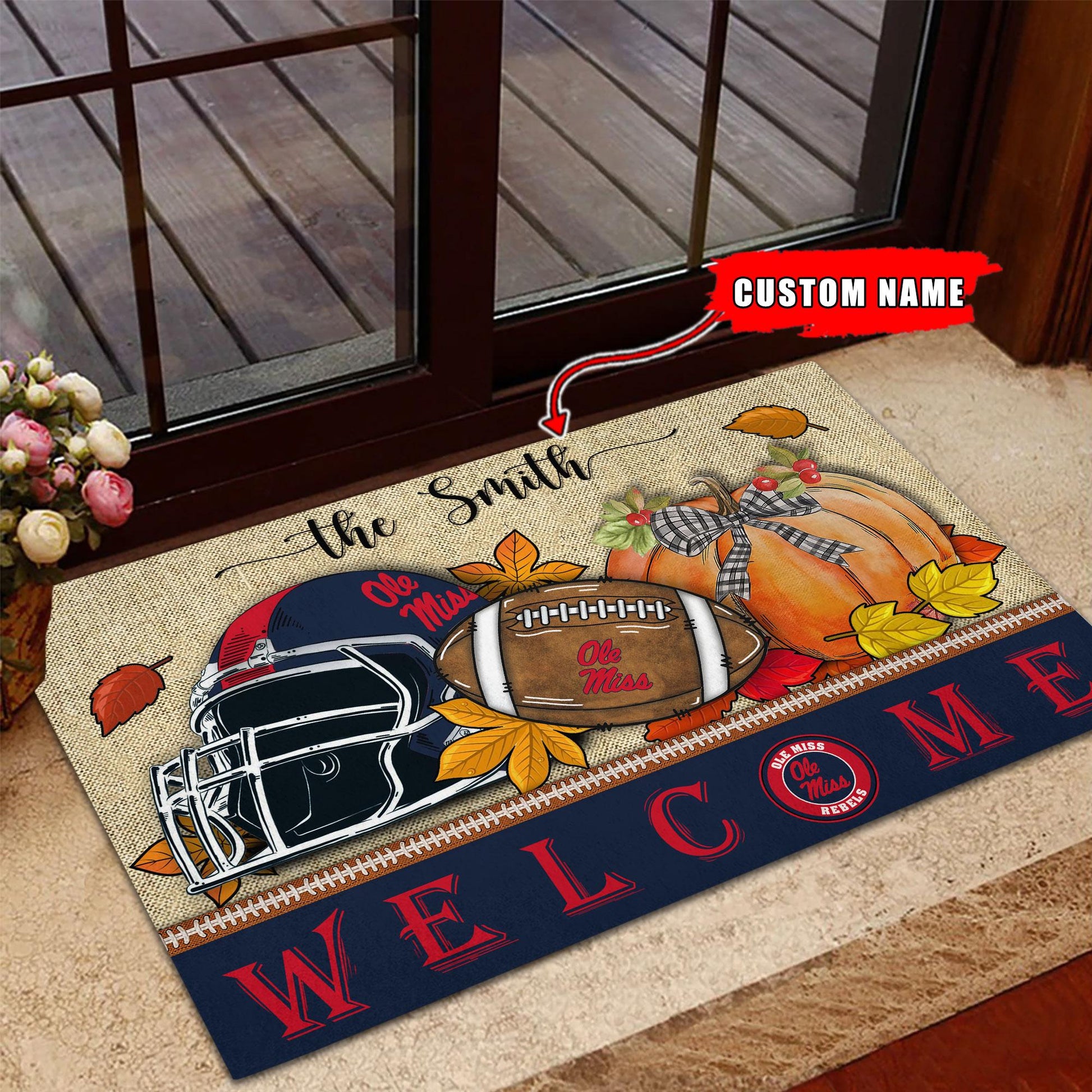NCAA25-Ole Miss Rebels Welcome Fall Football Doormat - Custom name