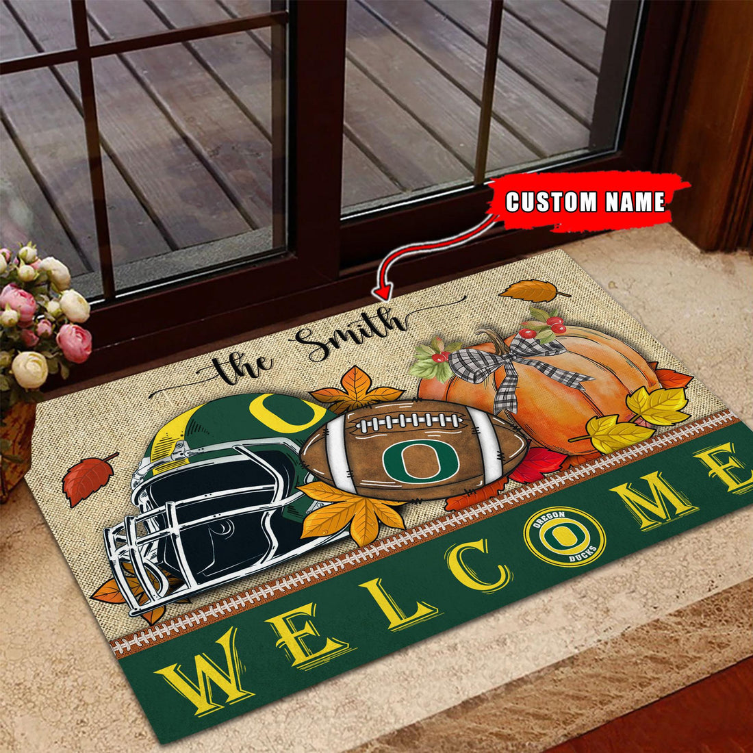 NCAA26-Oregon Ducks Welcome Fall Football Doormat - Custom name
