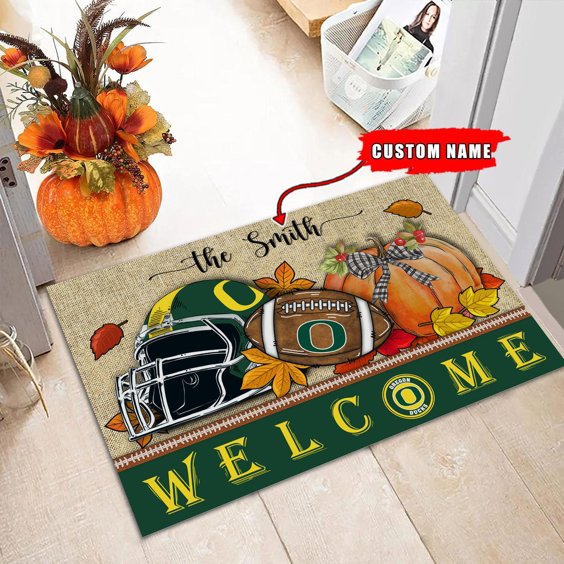 NCAA26-Oregon Ducks Welcome Fall Football Doormat - Custom name