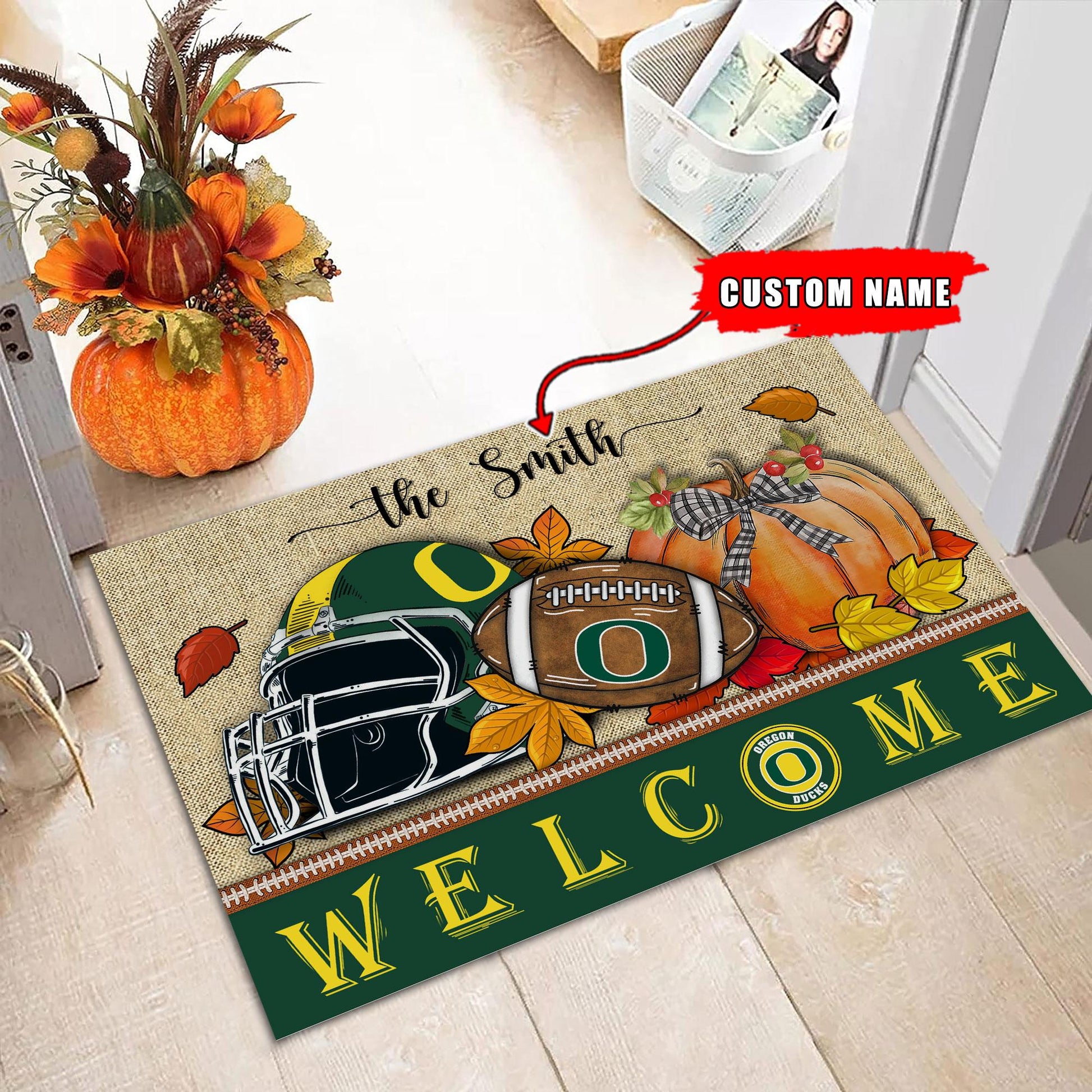 NCAA26-Oregon Ducks Welcome Fall Football Doormat - Custom name