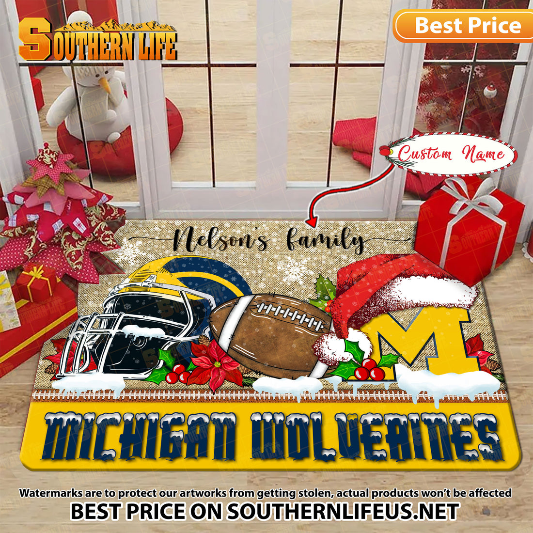 NCAA29-Michigan Wolverines Football X-Mas Doormat – Custom name