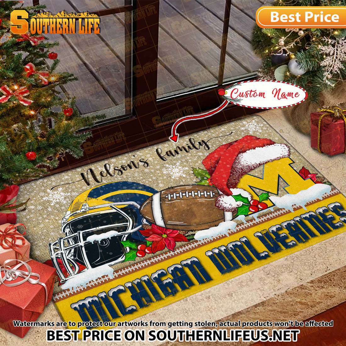 NCAA29-Michigan Wolverines Football X-Mas Doormat – Custom name