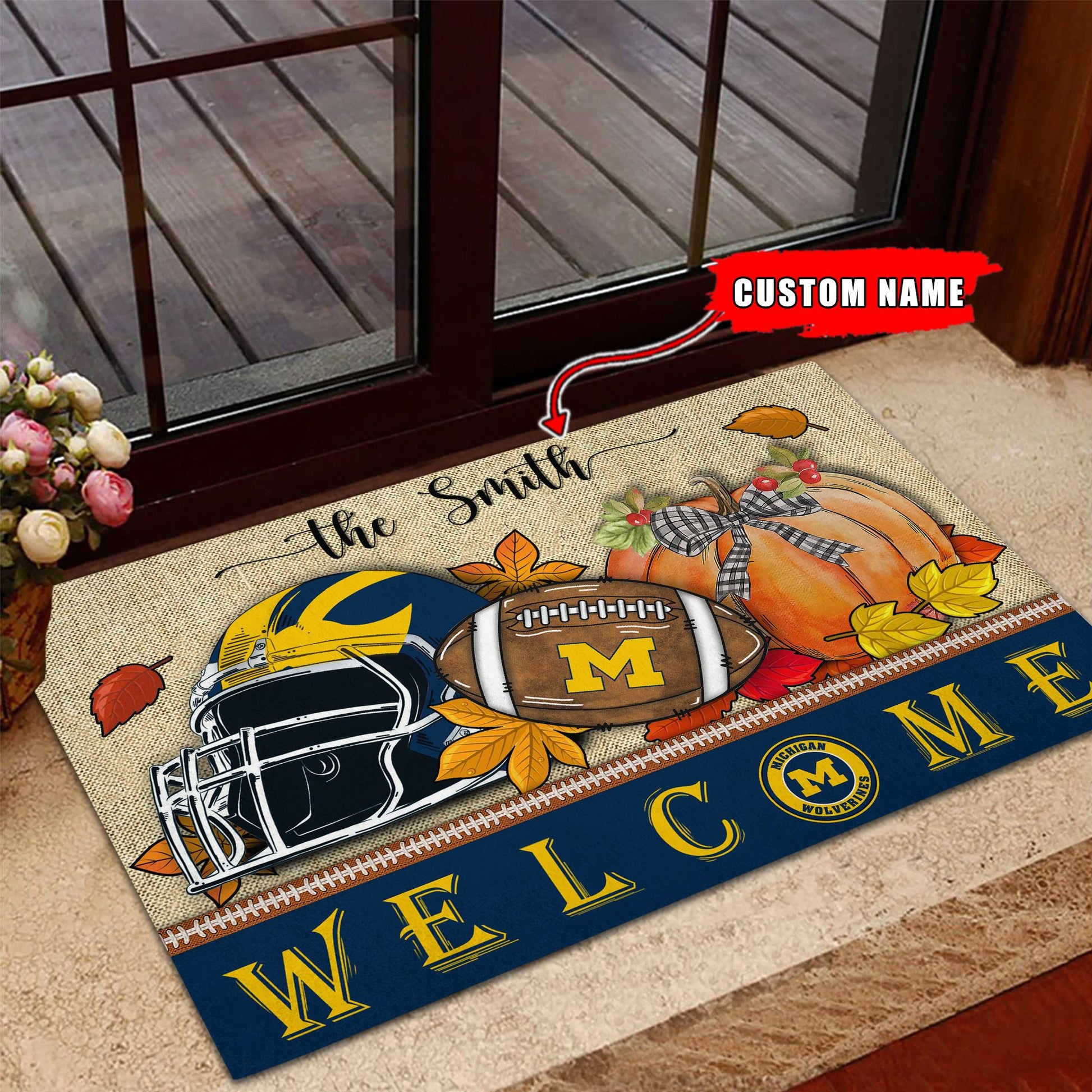NCAA29-Michigan Wolverines Welcome Fall Football Doormat - Custom name
