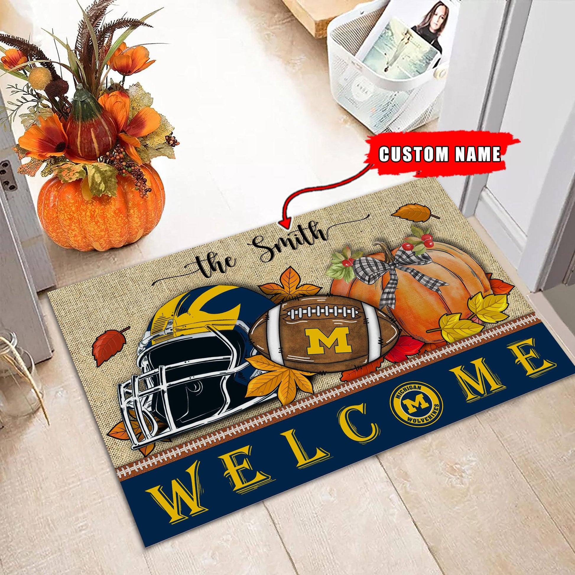 NCAA29-Michigan Wolverines Welcome Fall Football Doormat - Custom name