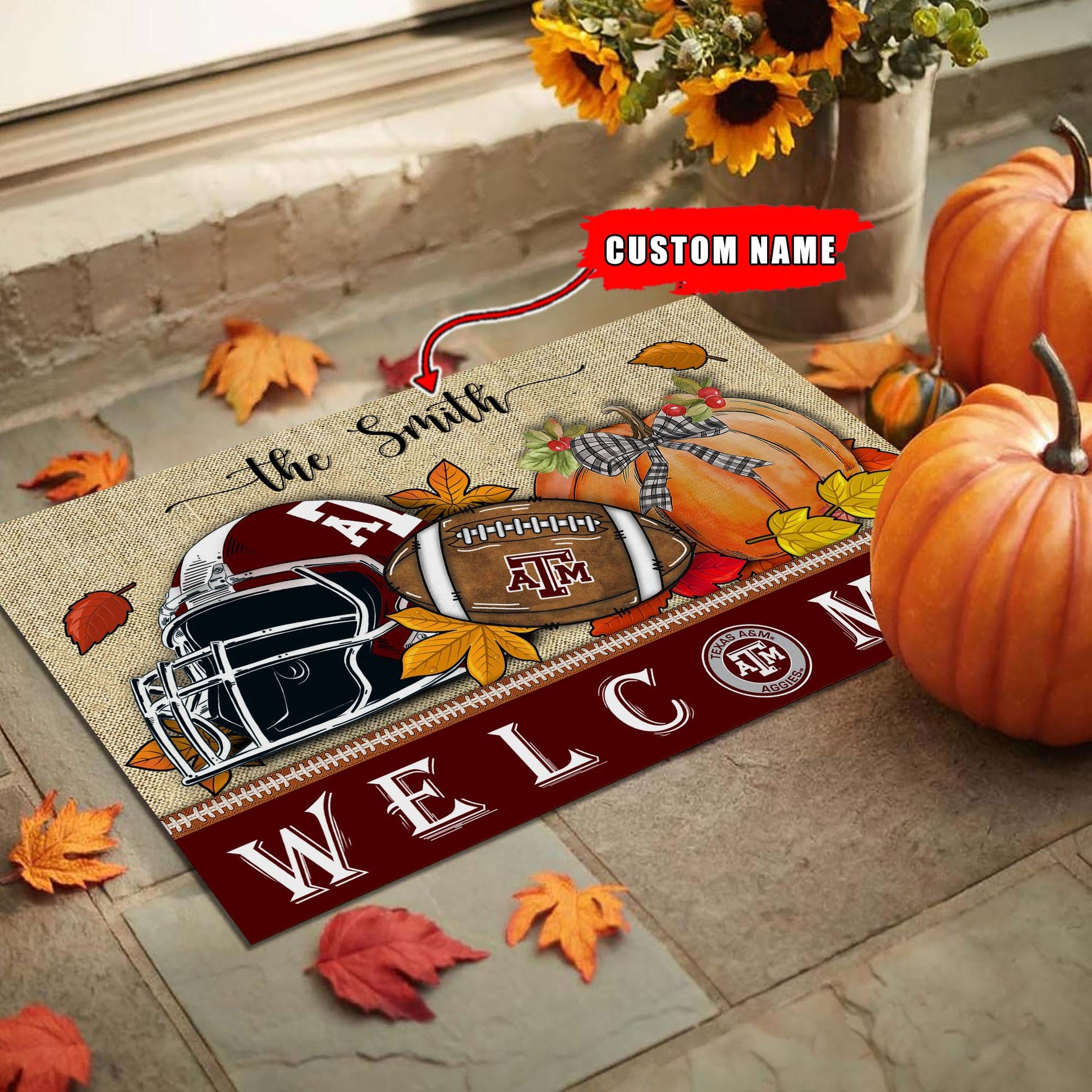 NCAA31-Texas A&M Aggies Welcome Fall Football Doormat - Custom name