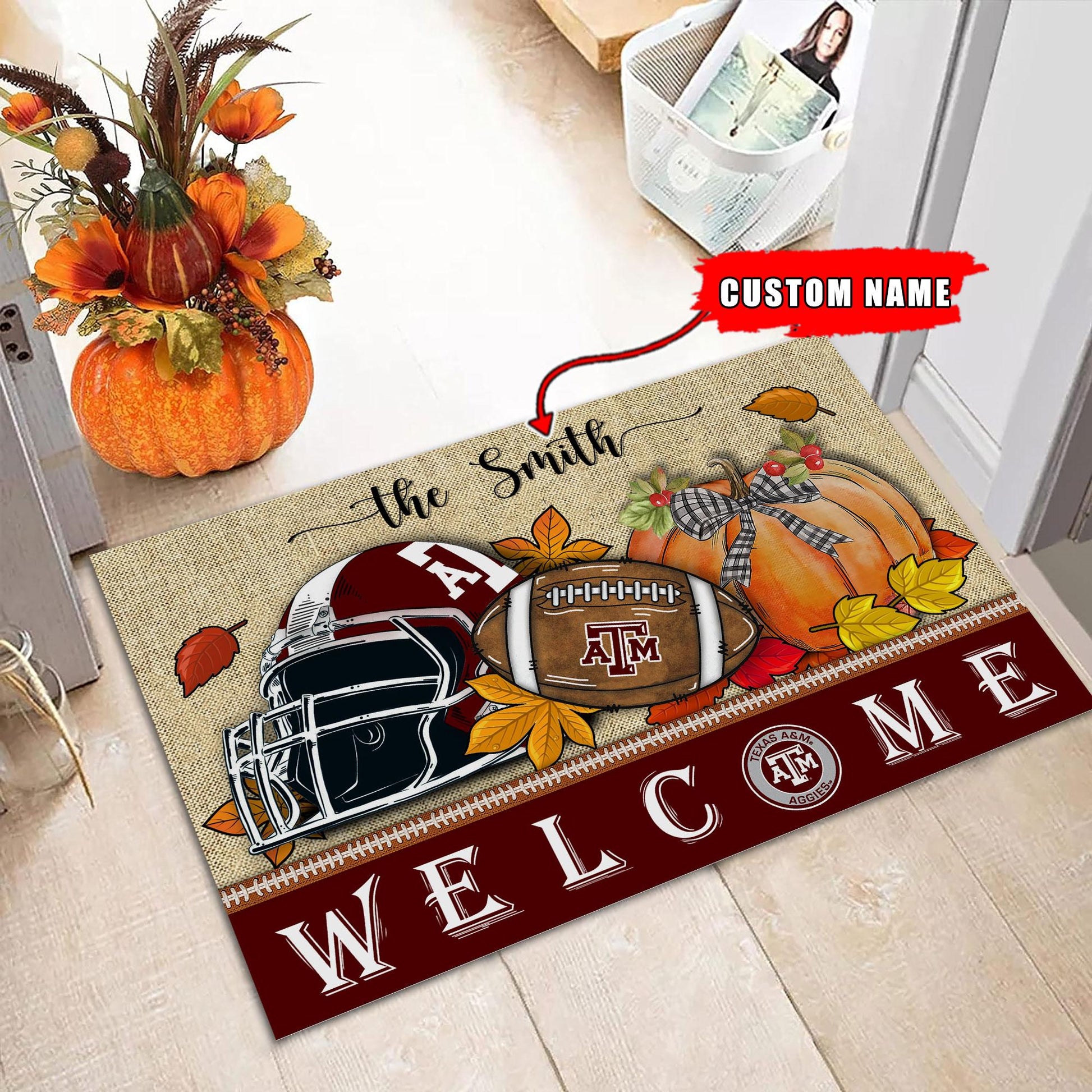 NCAA31-Texas A&M Aggies Welcome Fall Football Doormat - Custom name