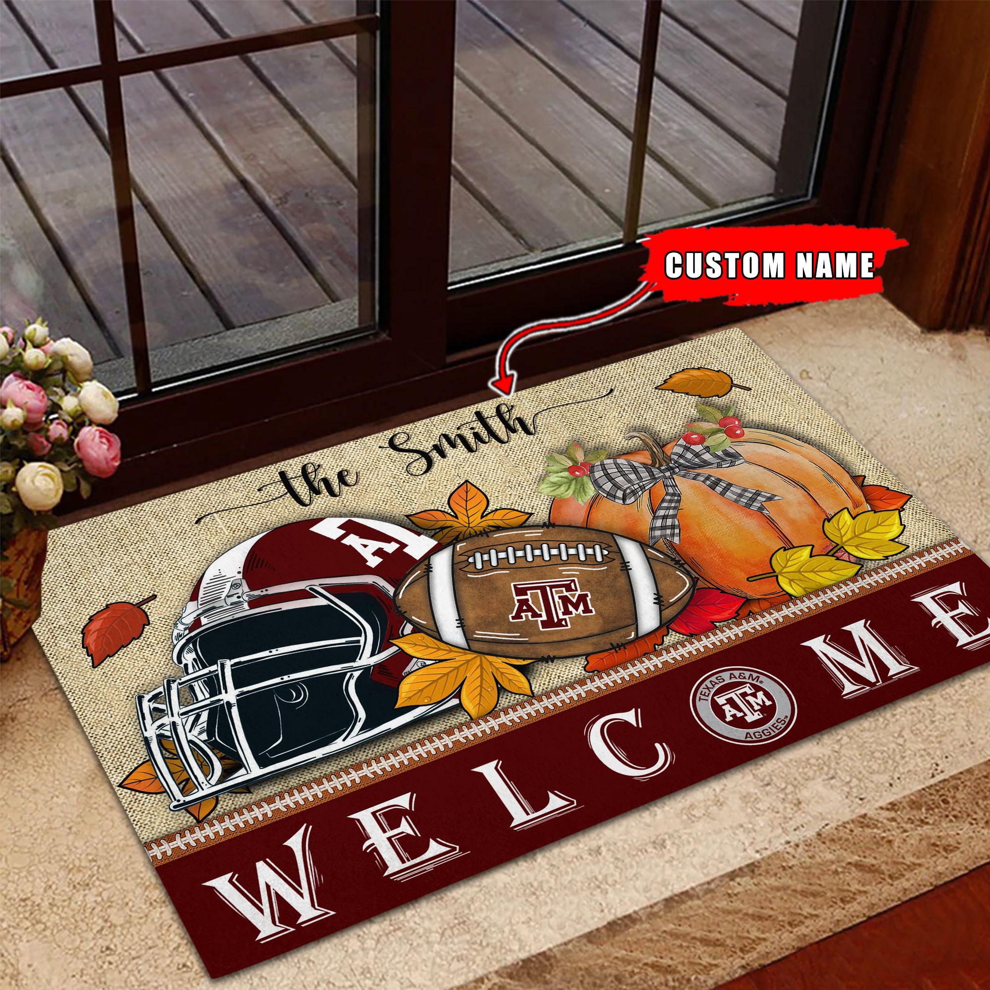 NCAA31-Texas A&M Aggies Welcome Fall Football Doormat - Custom name