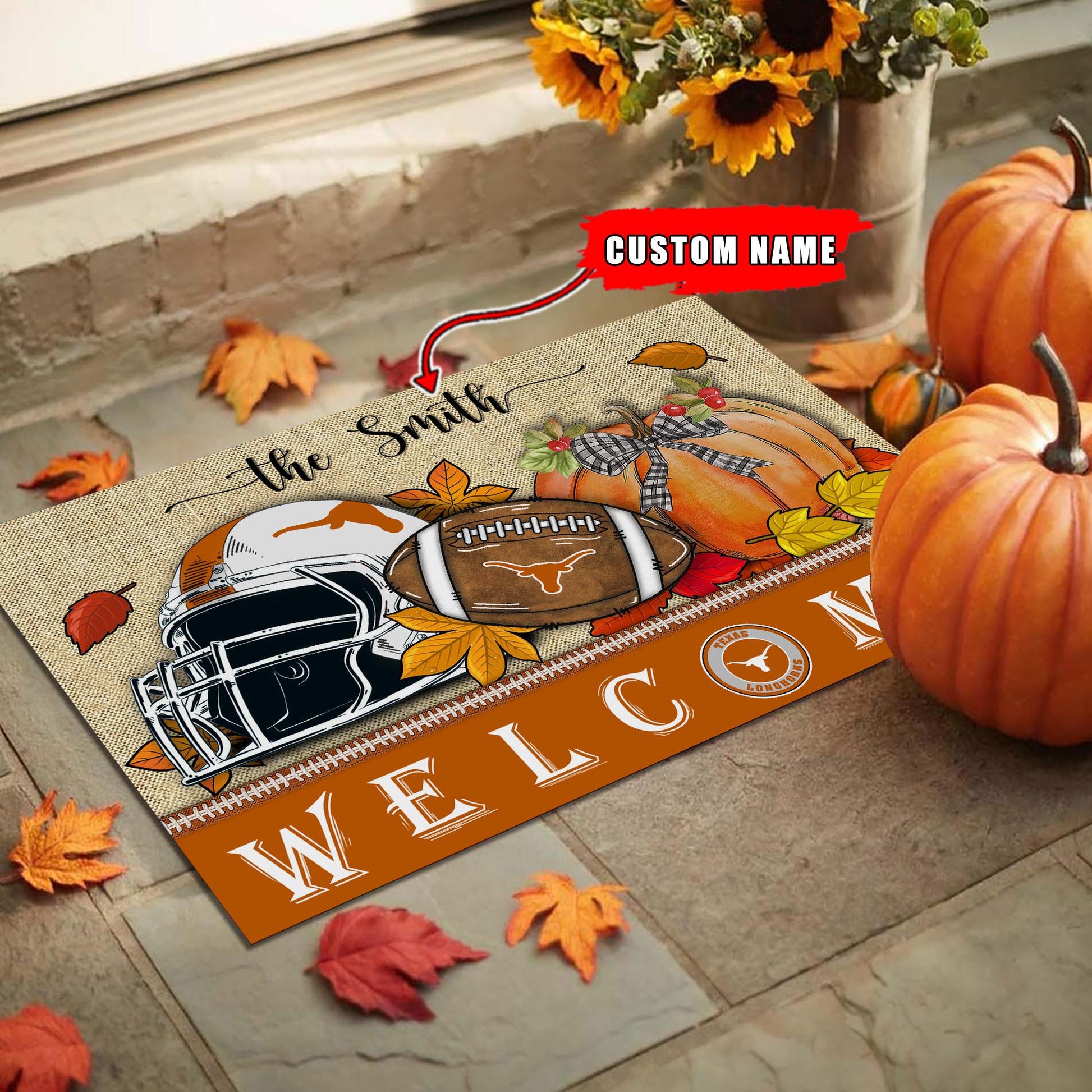 NCAA32-Texas Longhorns Welcome Fall Football Doormat - Custom name