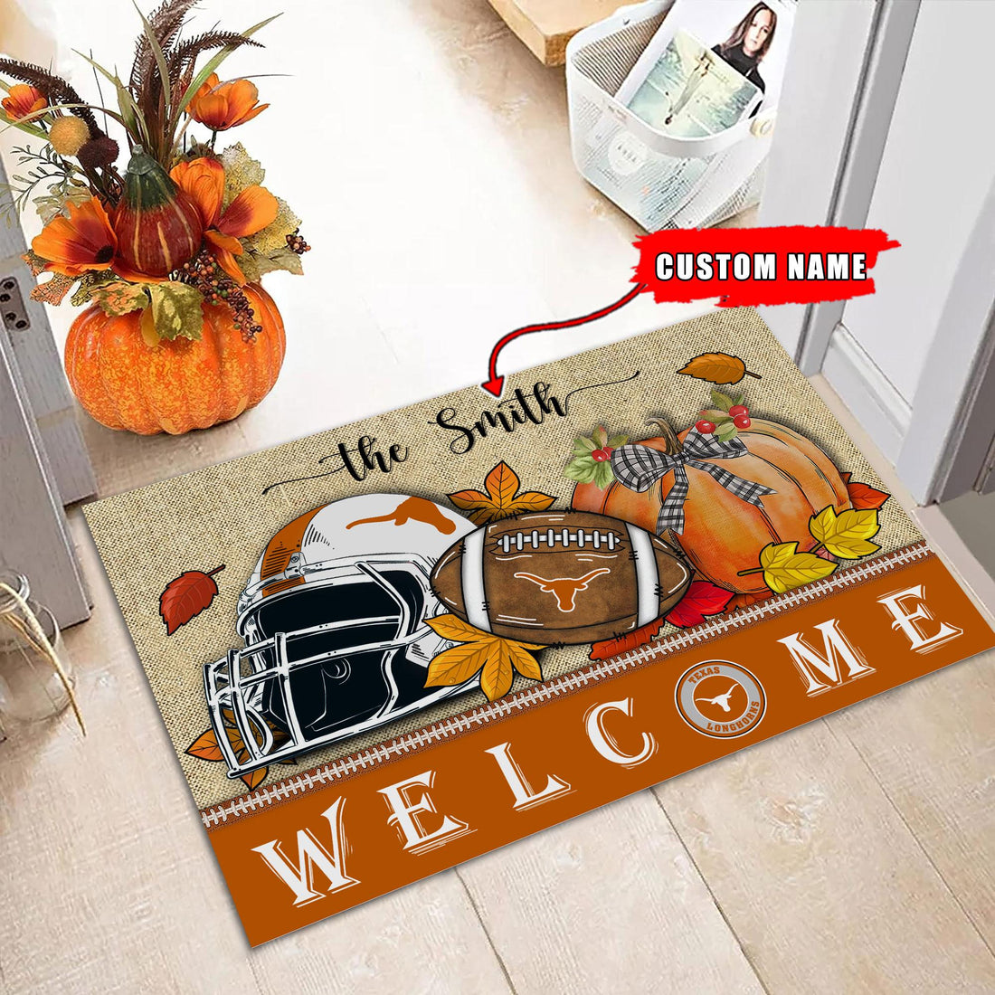 NCAA32-Texas Longhorns Welcome Fall Football Doormat - Custom name