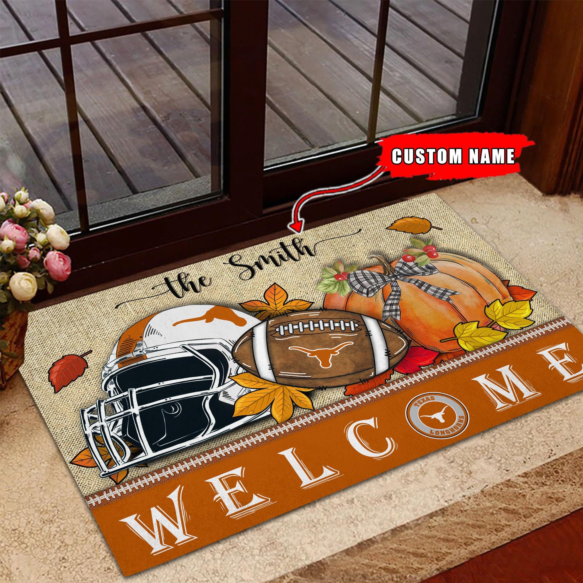 NCAA32-Texas Longhorns Welcome Fall Football Doormat - Custom name