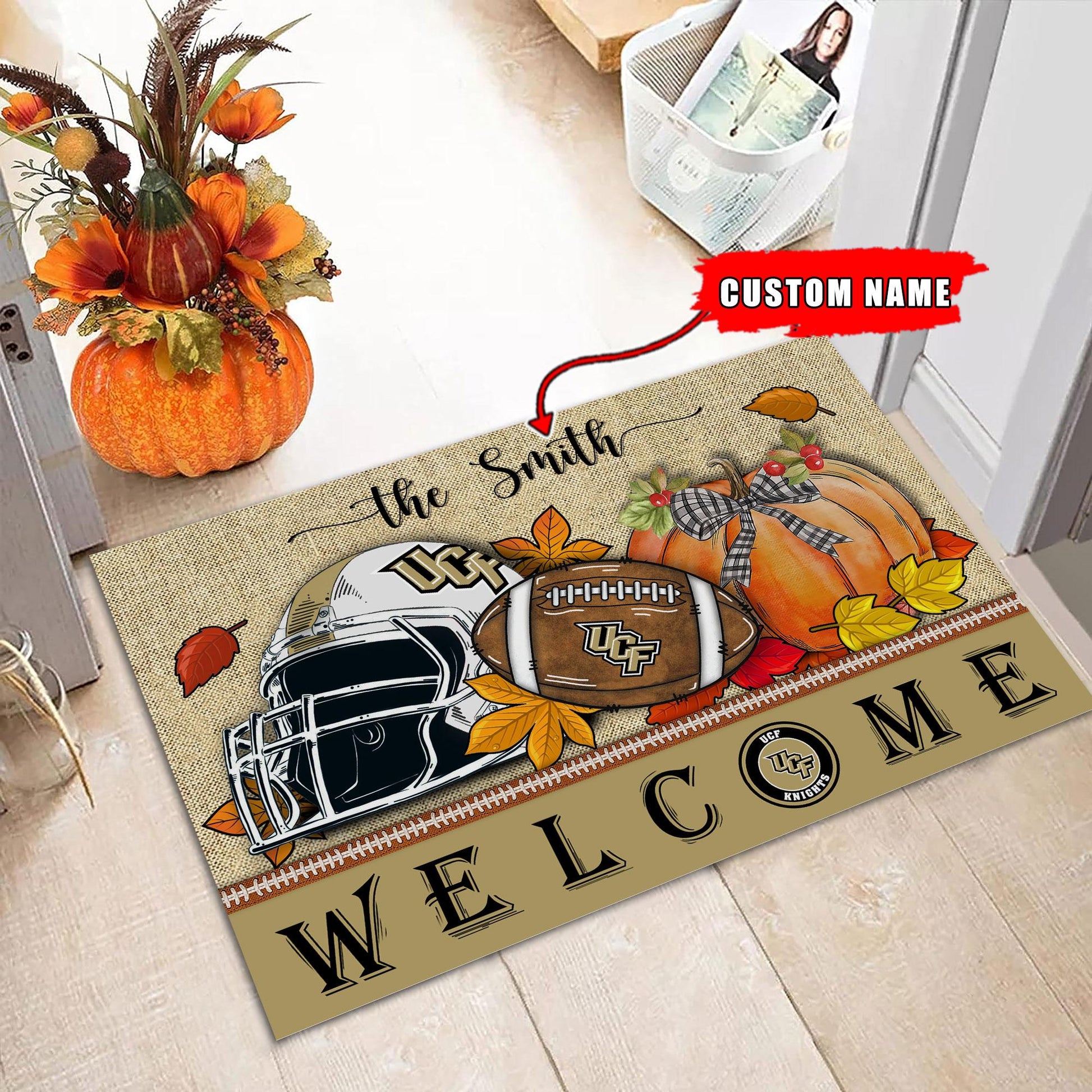 NCAA33-UCF Knights Welcome Fall Football Doormat - Custom name