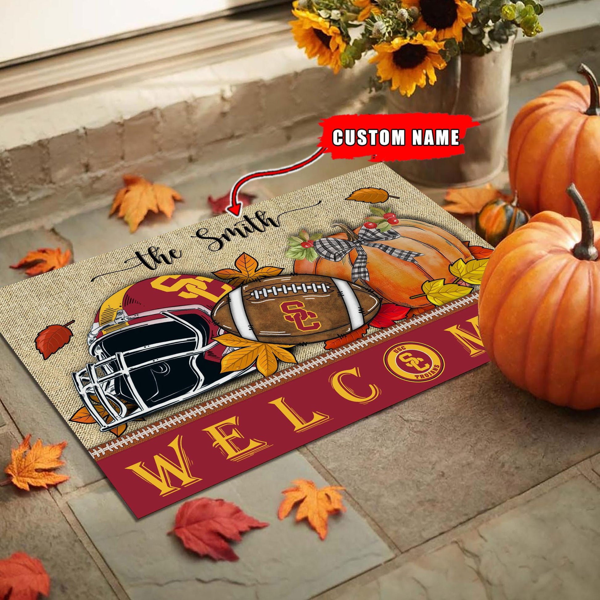 NCAA34-USC Trojans Welcome Fall Football Doormat - Custom name