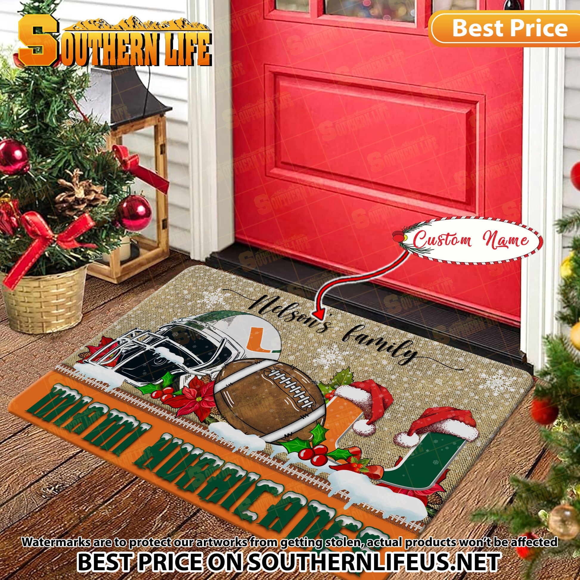 NCAA36-Miami Hurricanes Football X-Mas Doormat – Custom name