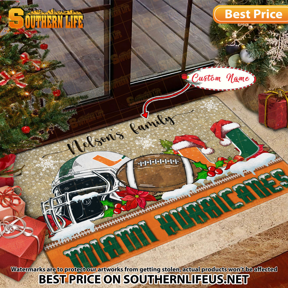 NCAA36-Miami Hurricanes Football X-Mas Doormat – Custom name