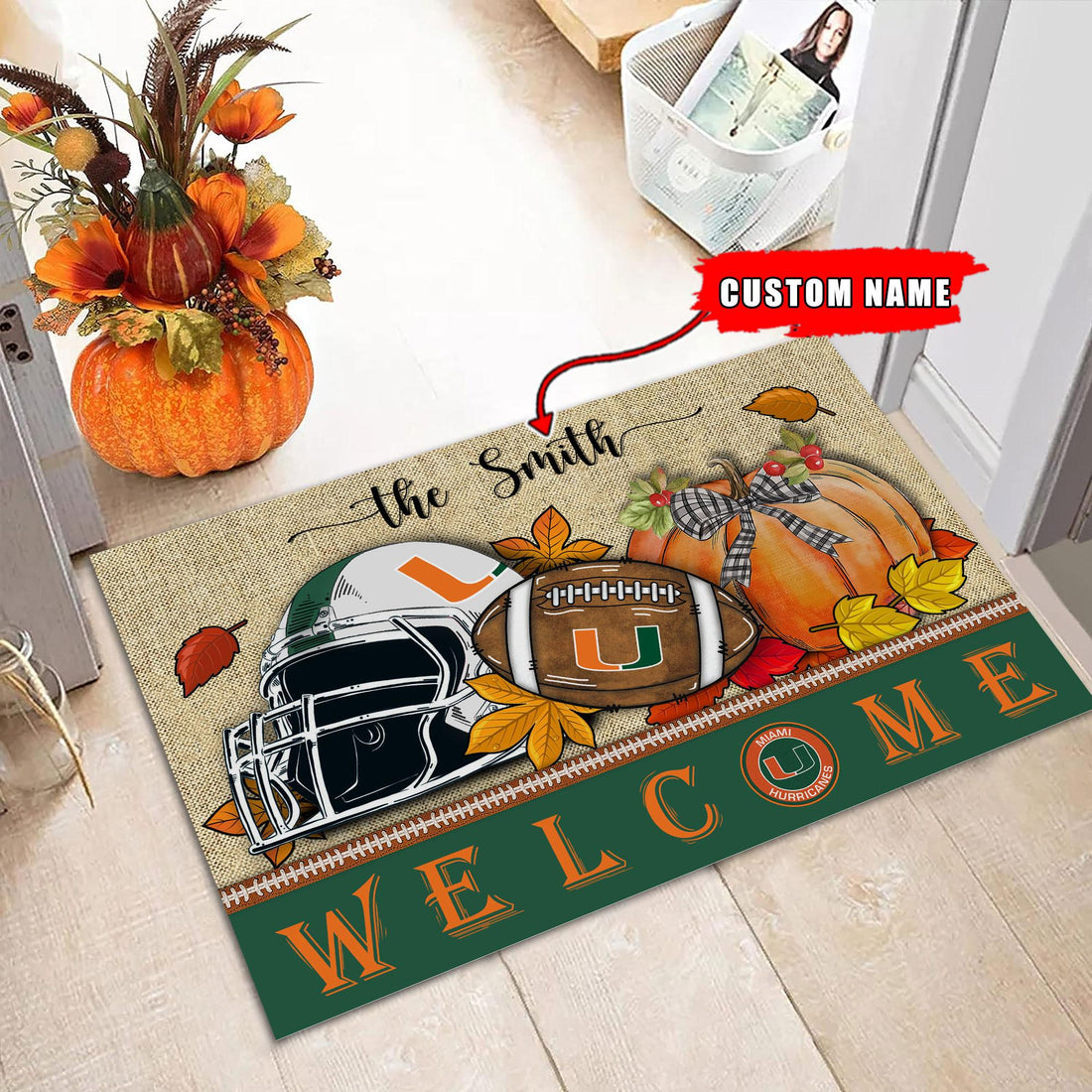NCAA36-Miami Hurricanes Welcome Fall Football Doormat - Custom name