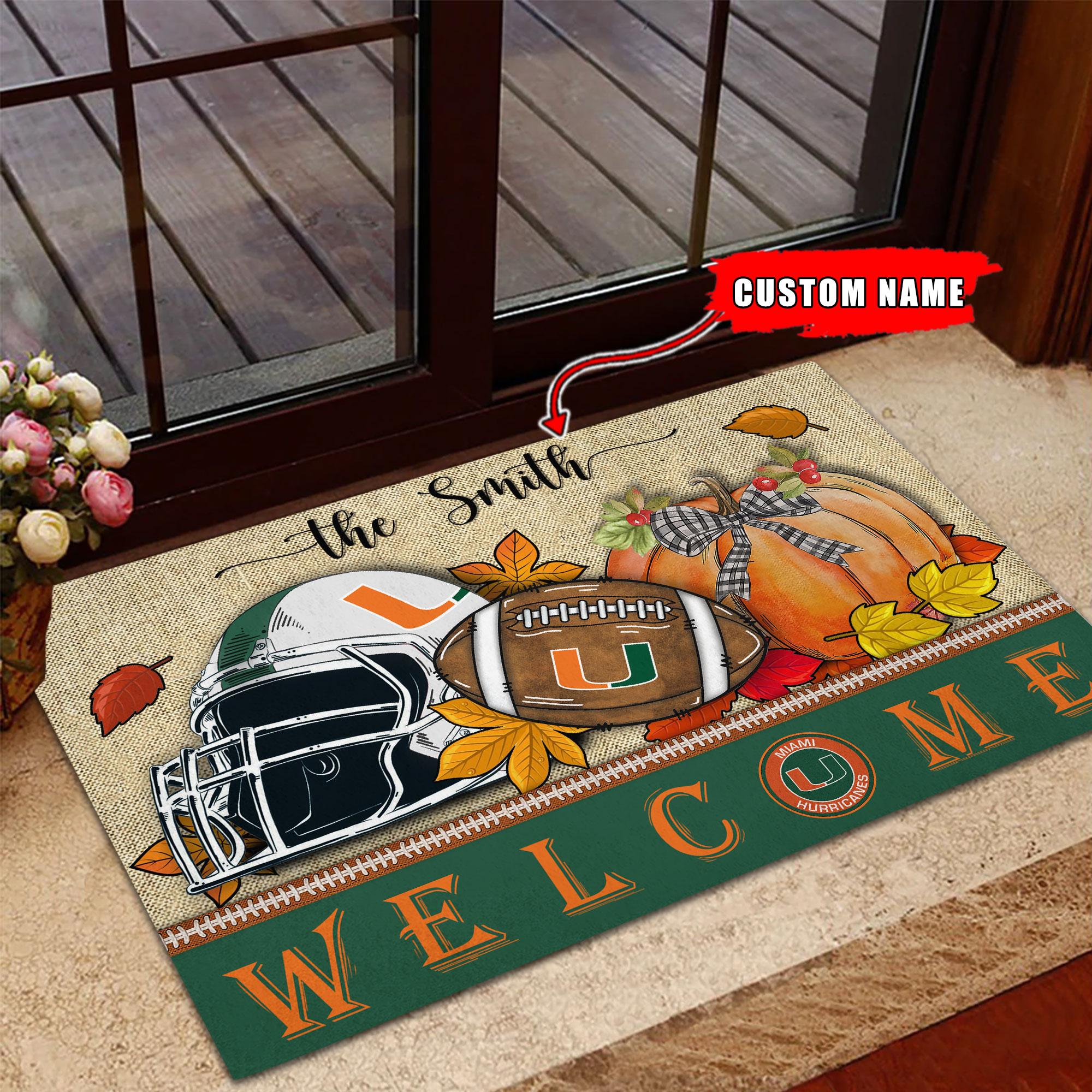 NCAA36-Miami Hurricanes Welcome Fall Football Doormat - Custom name