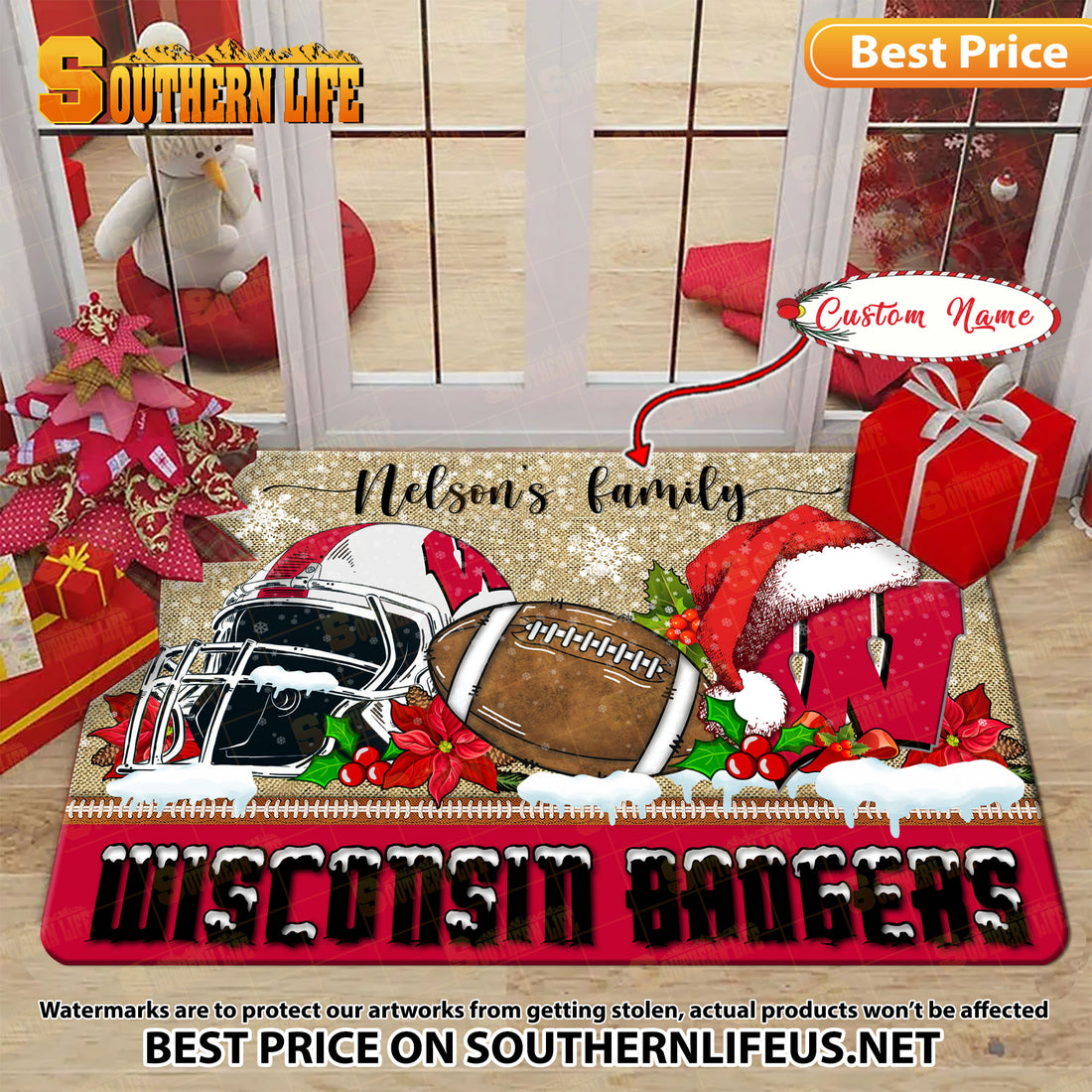 NCAA37-Wisconsin Badgers Football X-Mas Doormat – Custom name
