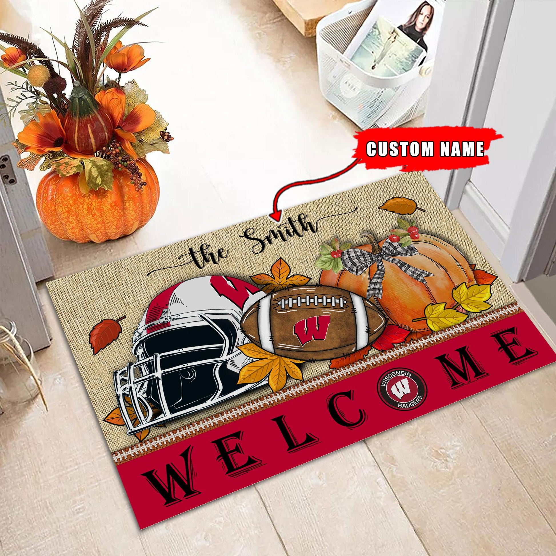 NCAA37-Wisconsin Badgers Welcome Fall Football Doormat - Custom name