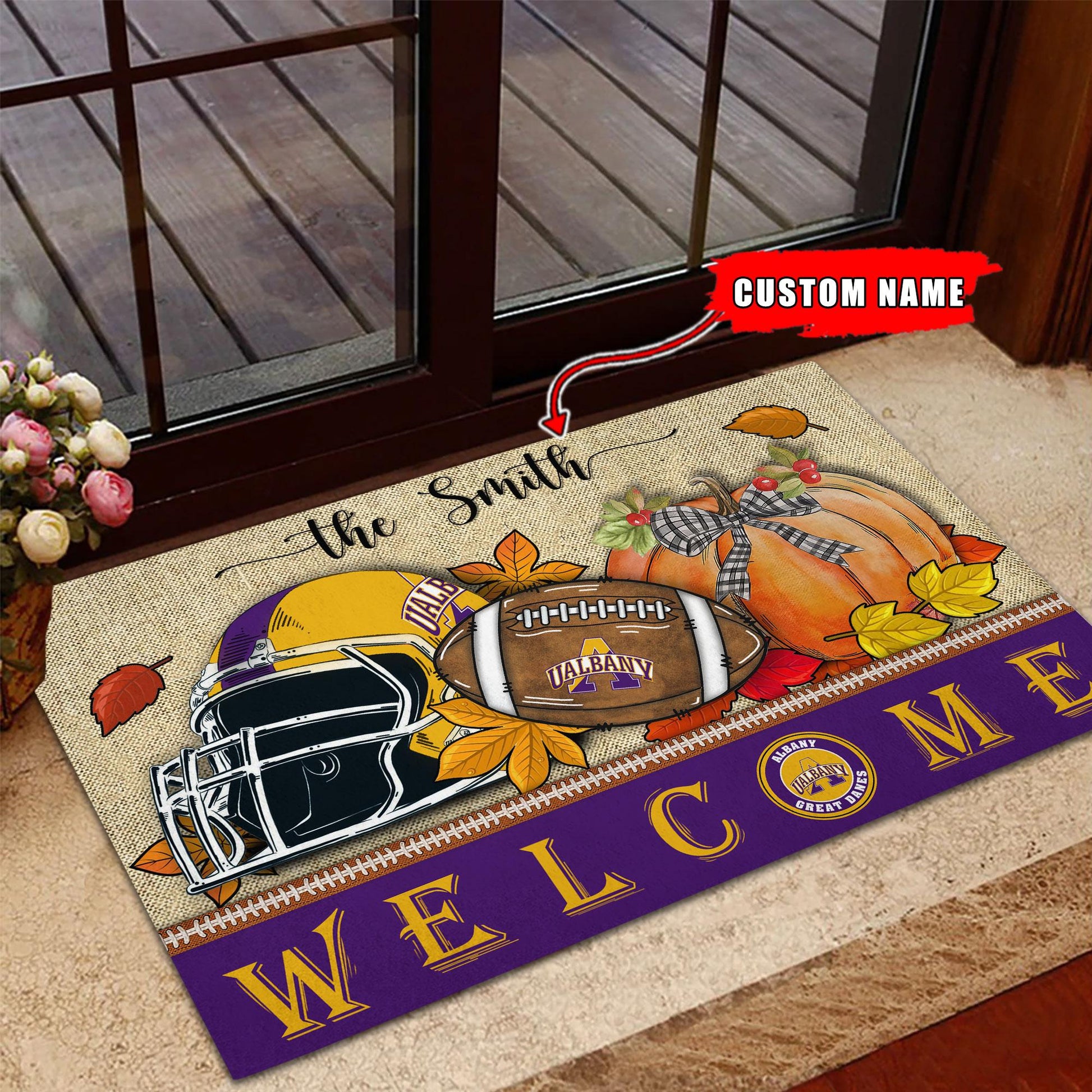 NCAA38-Albany Great Danes Welcome Fall Football Doormat - Custom name