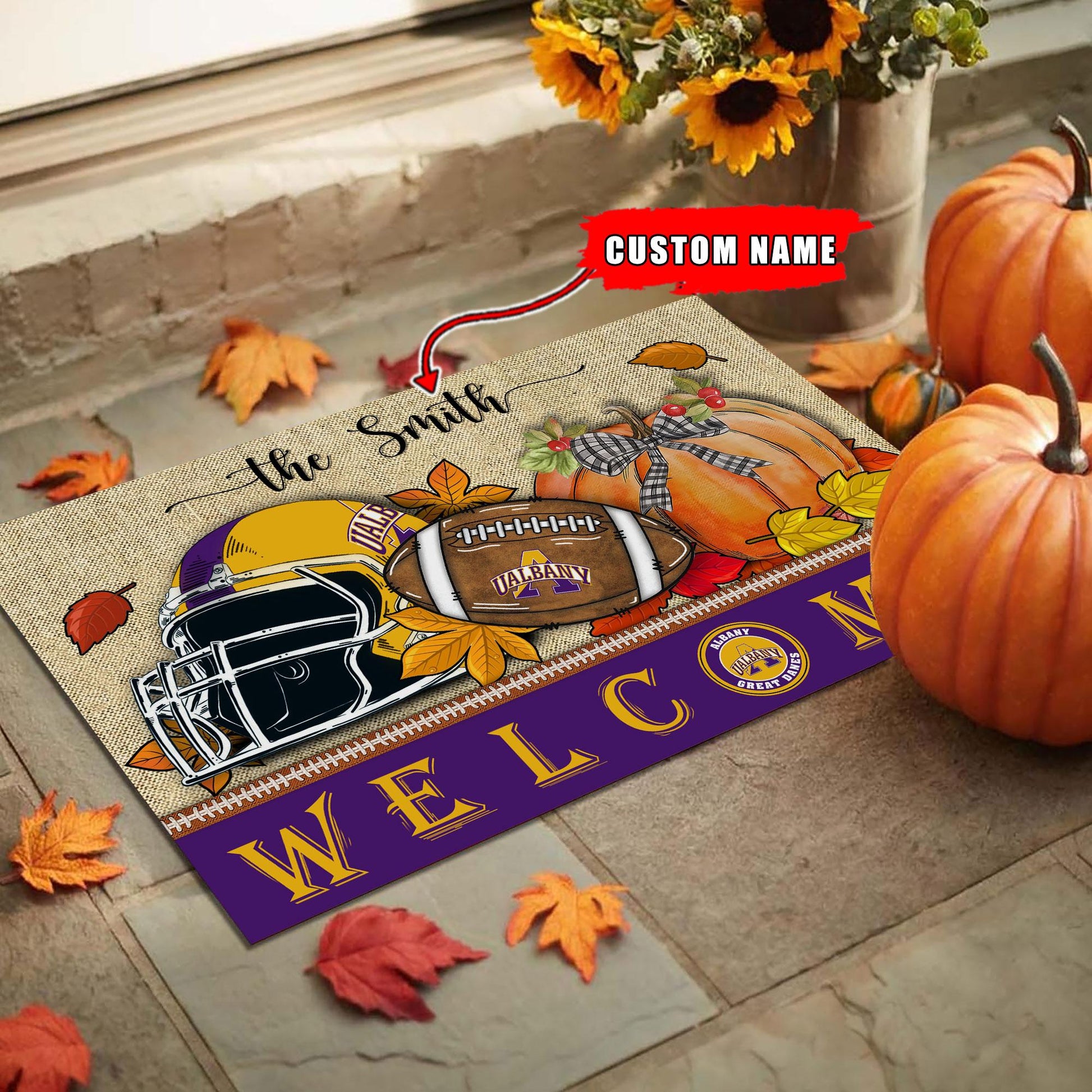 NCAA38-Albany Great Danes Welcome Fall Football Doormat - Custom name