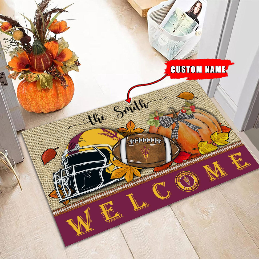 NCAA40-Arizona State Sun Devils Welcome Fall Football Doormat - Custom name