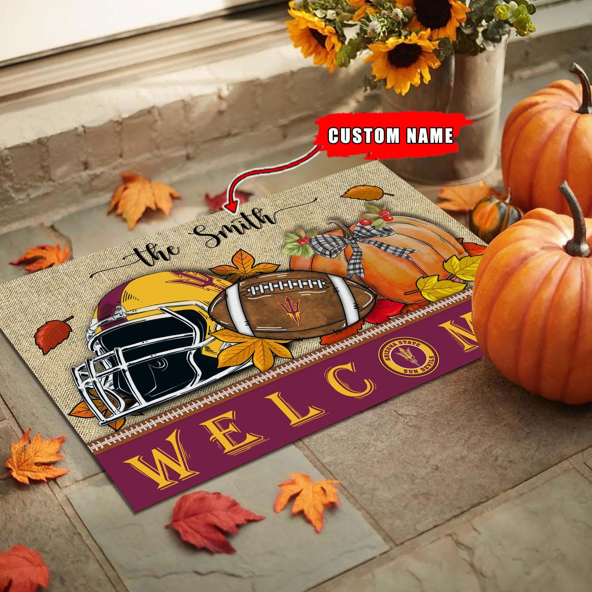 NCAA40-Arizona State Sun Devils Welcome Fall Football Doormat - Custom name